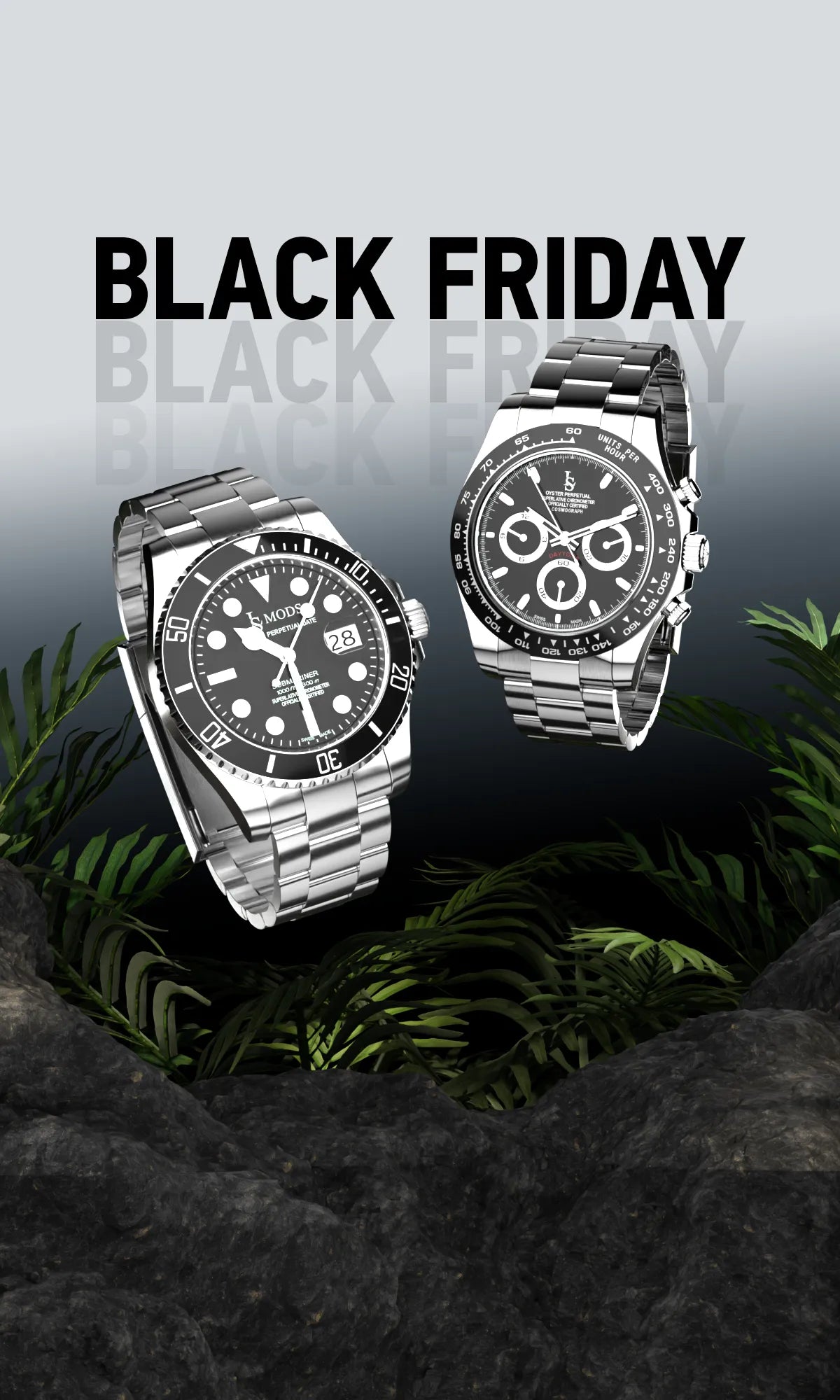 Bannière black friday version mobile mettant en lumière des montres Seiko Mod personnalisées