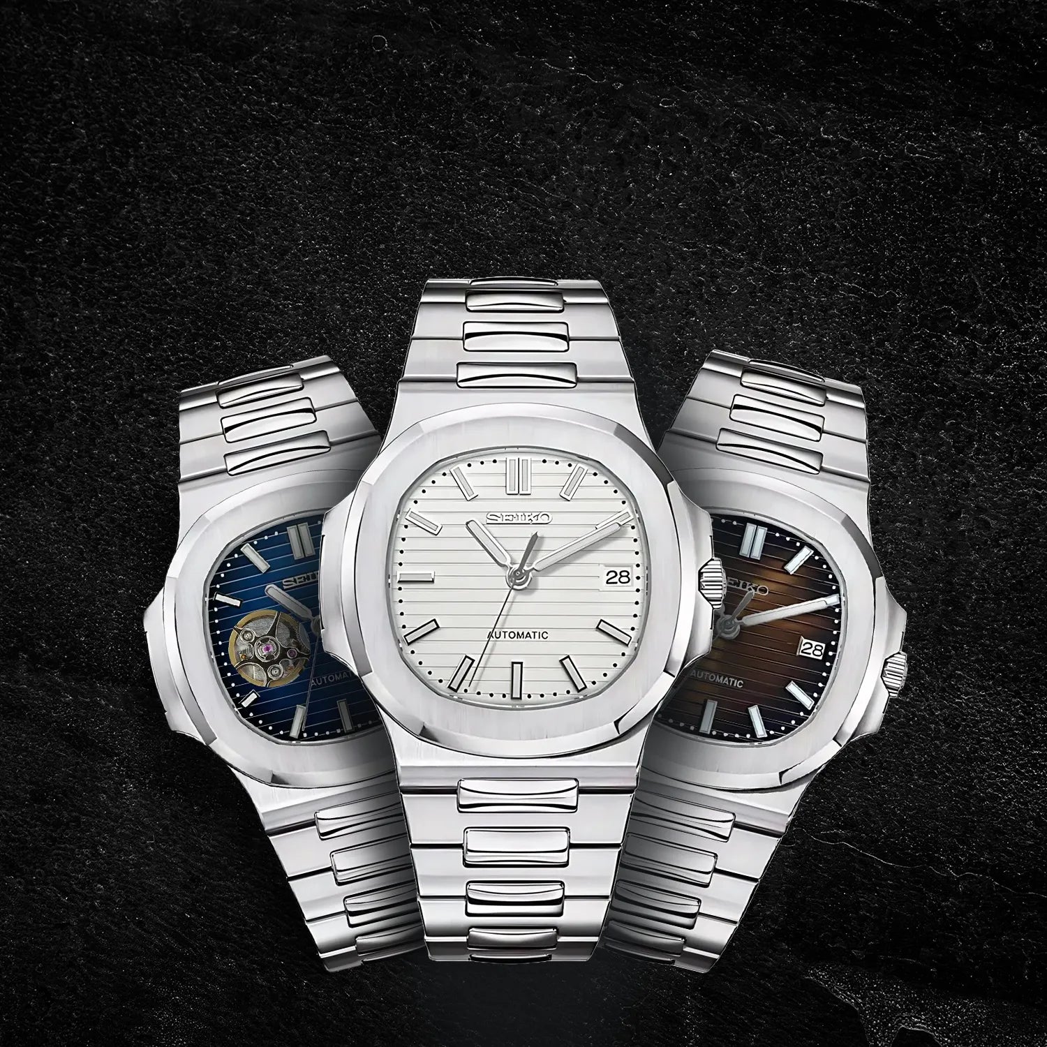 Collection de montres Seiko modifiées modèle Nautilus – Look luxueux avec boîtier intégré et finition acier inspiré de Patek Philippe