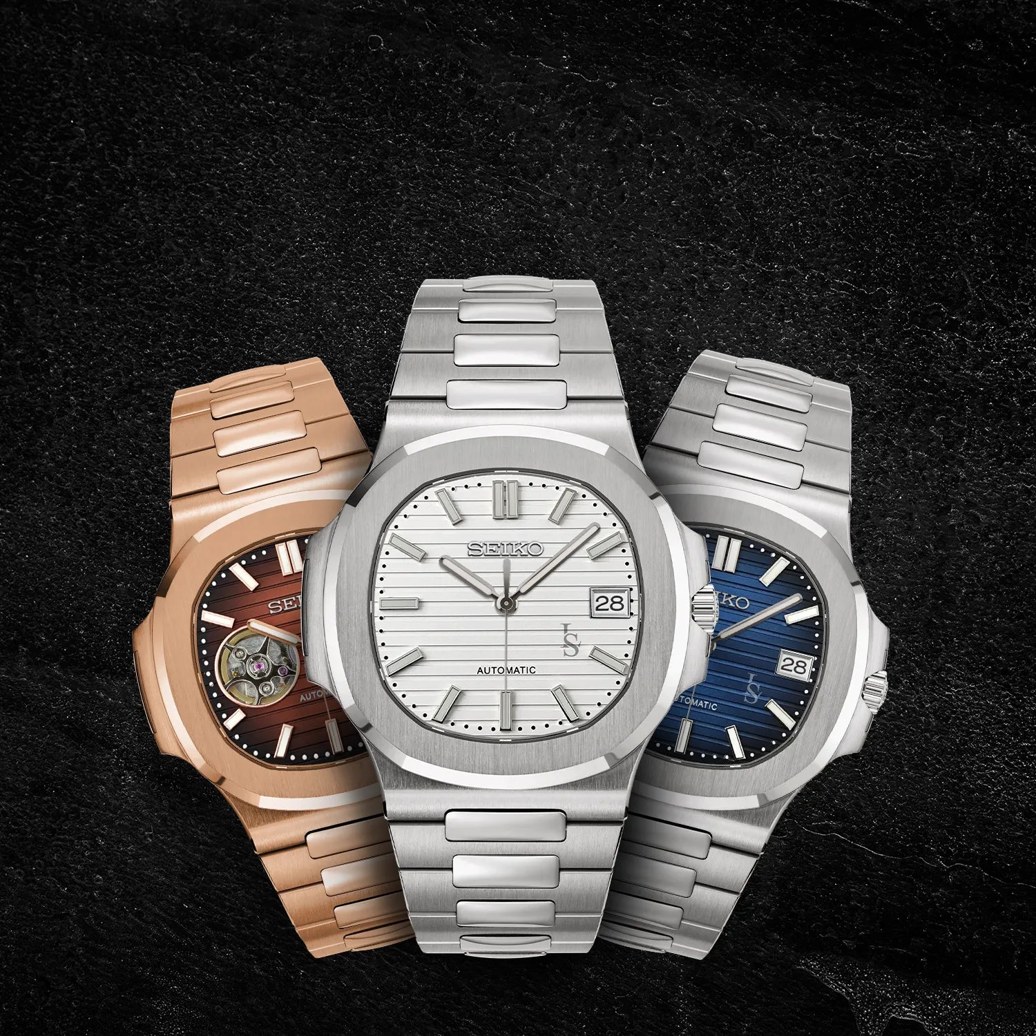 Collection de montres Seiko modifiées modèle Nautilus – Look luxueux avec boîtier intégré et finition acier inspiré de Patek Philippe