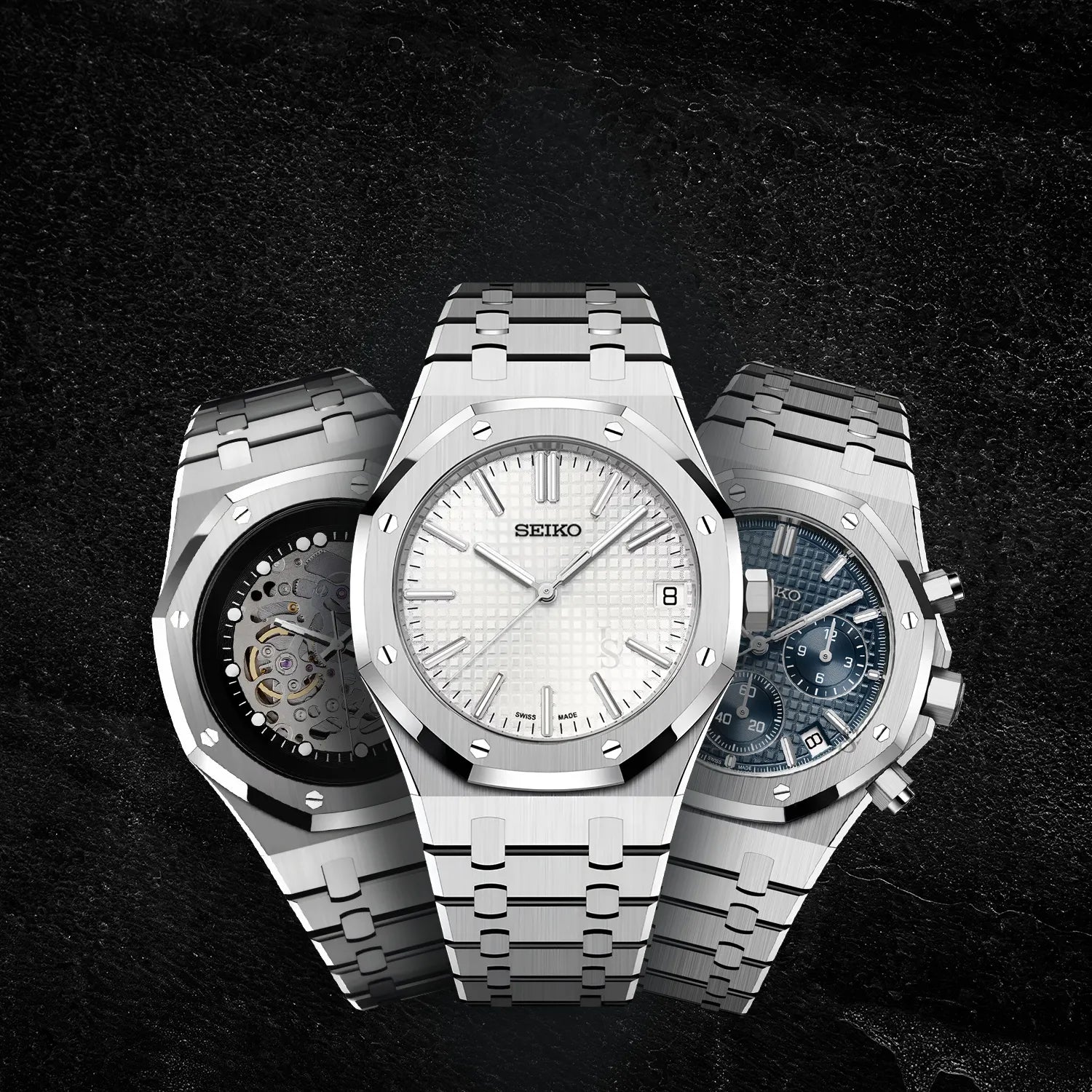 Collection de montres Seiko Mod Royal Oak au boîtier octogonal inspiré d’Audemars Piguet