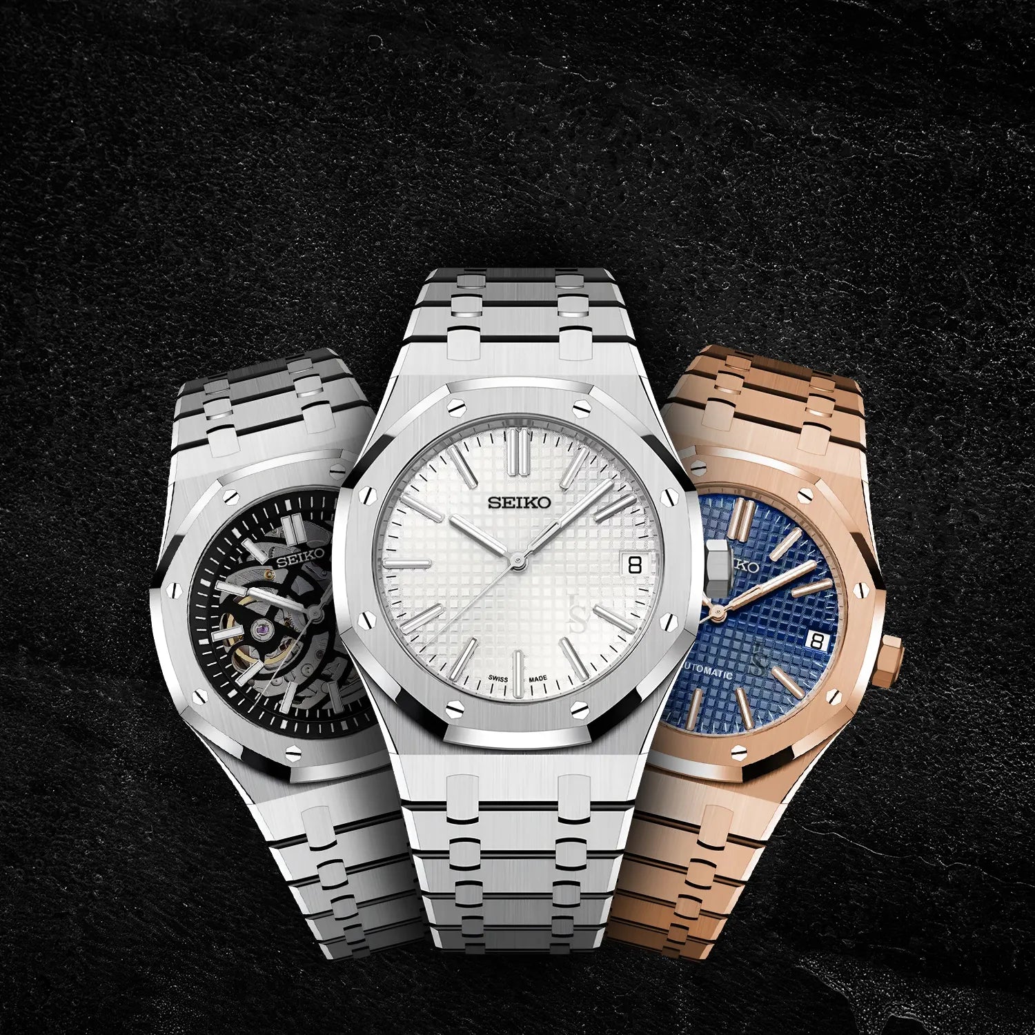 Collection de montres Seiko Mod Royal Oak au boîtier octogonal inspiré d’Audemars Piguet
