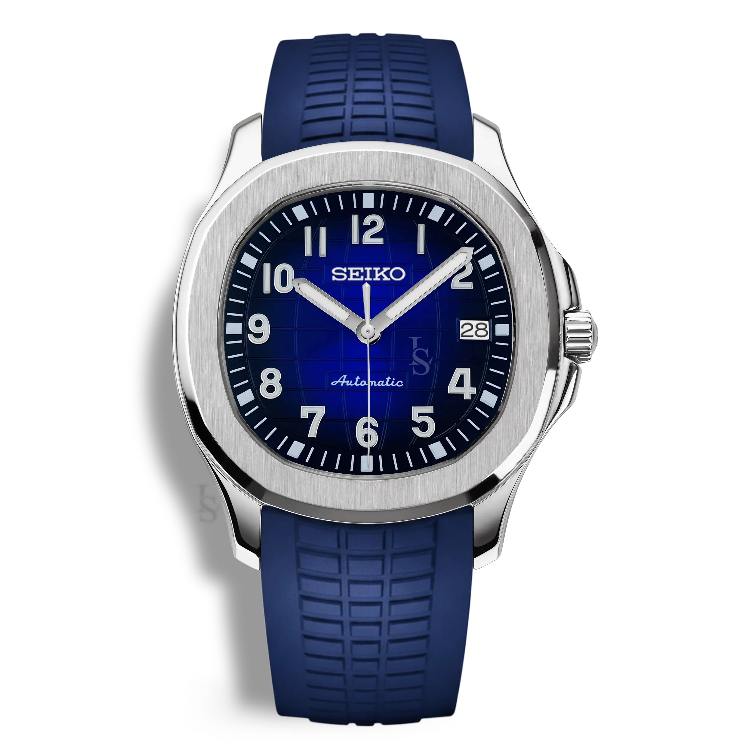 Montre Seiko Mod Aquanaut Bleu équipée du mouvement automatique Seiko NH35, avec un cadran noir texturé à motif quadrillé et un bracelet en caoutchouc bleu, pour une allure sobre, technique et contemporaine.