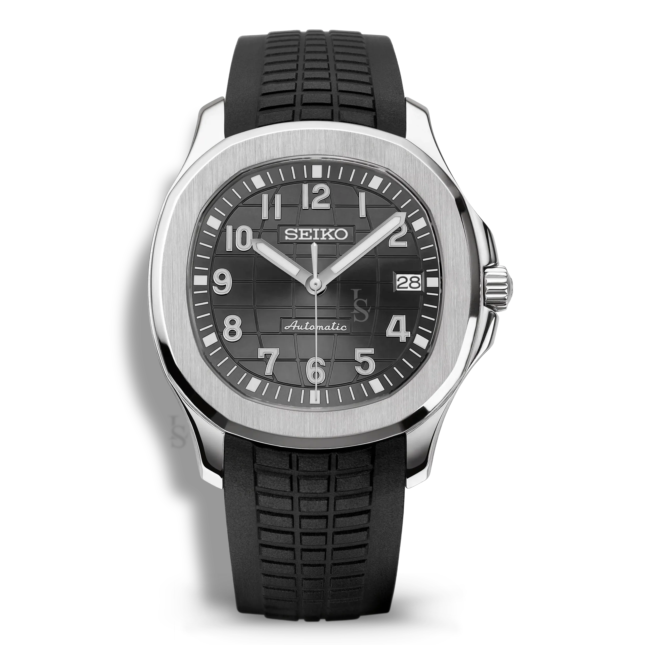 Montre Seiko Mod Aquanaut gris Argent équipée du mouvement automatique Seiko NH35, avec un boîtier acier et un cadran gris texturé, montée sur un bracelet caoutchouc noir assorti, pour un look monochrome moderne et équilibré.