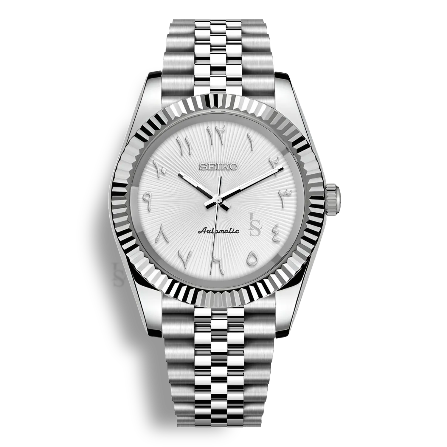 Montre Seiko Mod Arabic Dial Blanche équipée du mouvement automatique Seiko NH35 avec un cadran blanc à chiffres arabes et bracelet et boitier en acier inoxydable