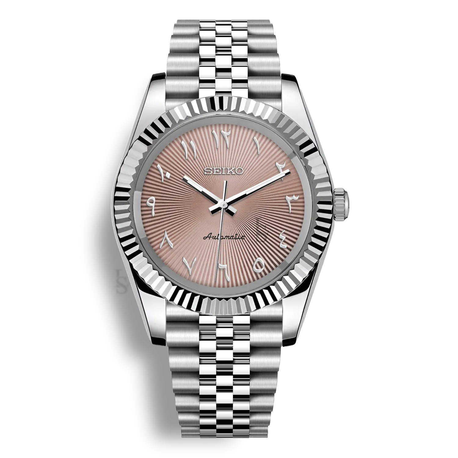Montre Seiko Mod Arabic Dial Rose équipée du mouvement automatique Seiko NH35 avec un cadran rose à chiffres arabes et bracelet et boitier en acier inoxydable