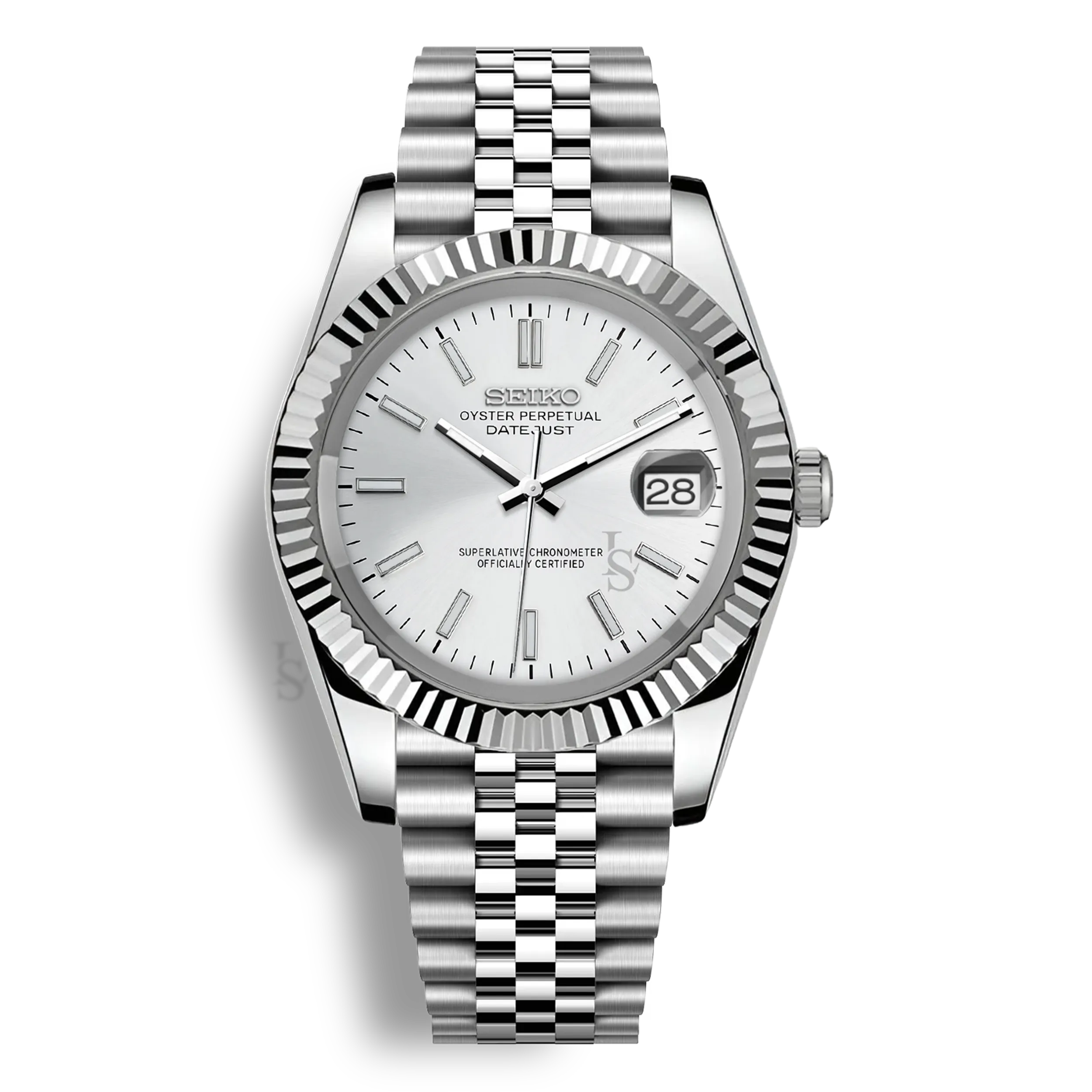 Montre Seiko Mod Datejust blanc en acier inoxydable 316L avec mouvement automatique Seiko NH35, verre saphir et cadran luminescent