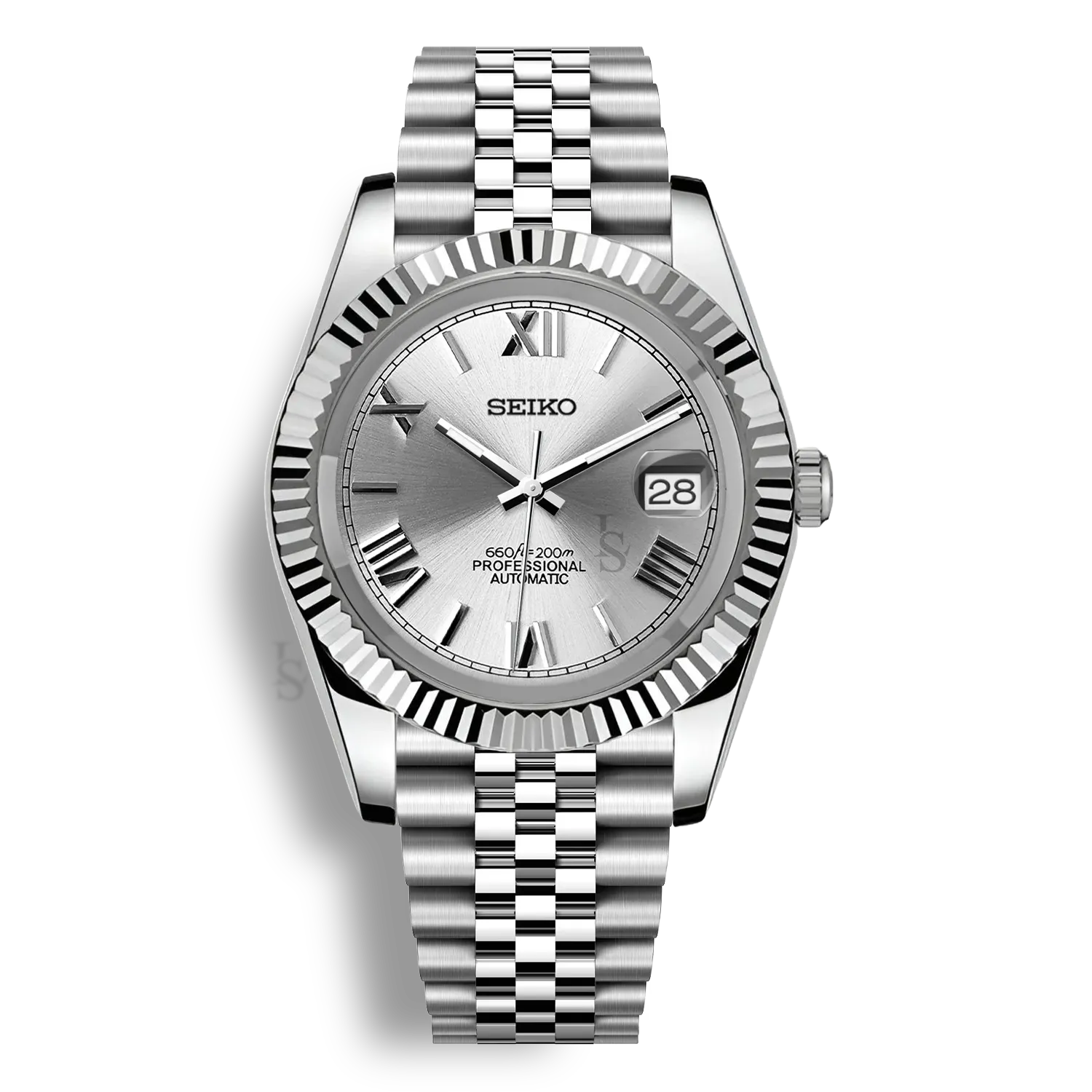 Montre Seiko Mod Datejust Chiffres Romains avec cadran blanc argenté, affichage de la date, bracelet jubilé et boîtier en acier inoxydable équipée du mouvement automatique Seiko NH35