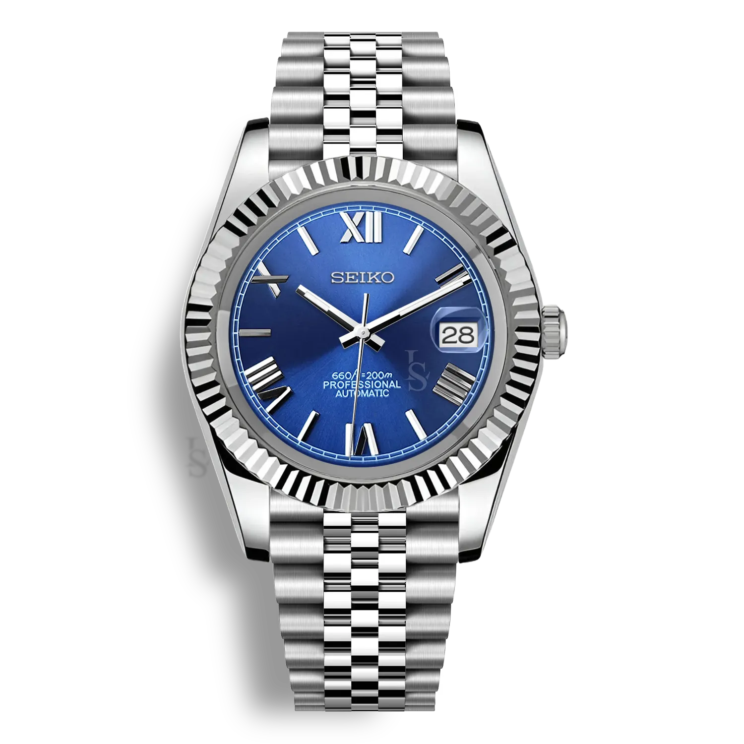 Montre Seiko Mod Datejust Chiffres Romains avec cadran bleu, affichage de la date, bracelet jubilé et boîtier en acier inoxydable équipée du mouvement automatique Seiko NH35