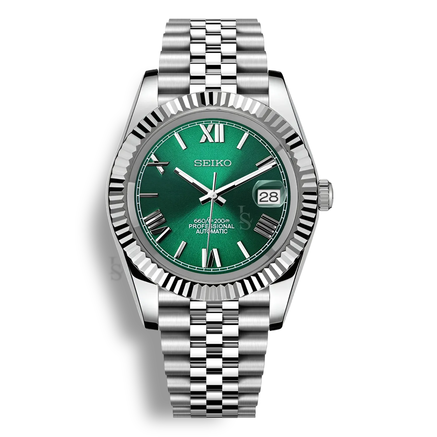 Montre SeikoMod Datejust Chiffres Romains avec cadran vert, bracelet jubilé et boîtier en acier inoxydable équipée du mouvement automatique Seiko NH35