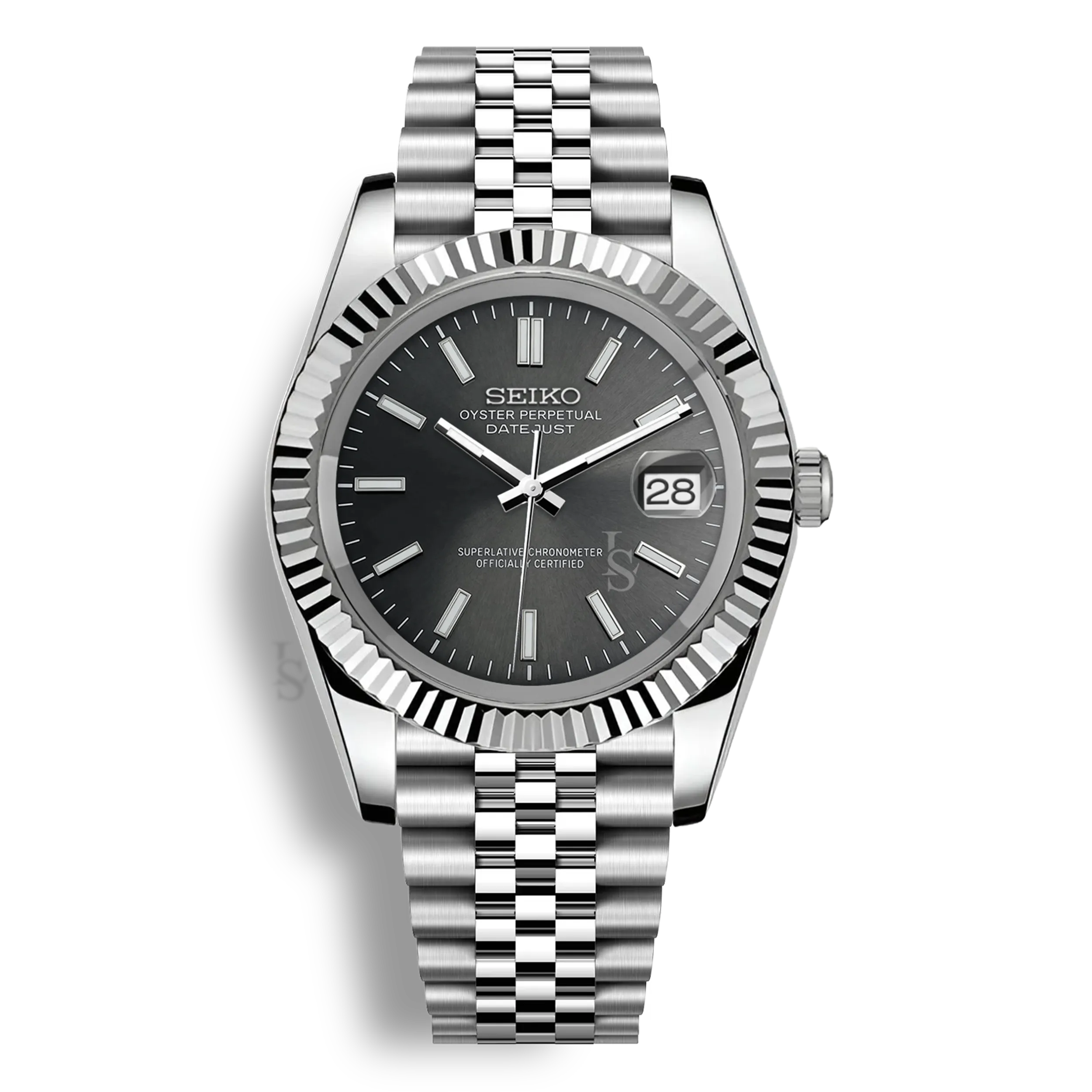 Montre Seiko Mod Datejust gris en acier inoxydable 316L avec mouvement automatique Seiko NH35, verre saphir et cadran luminescent
