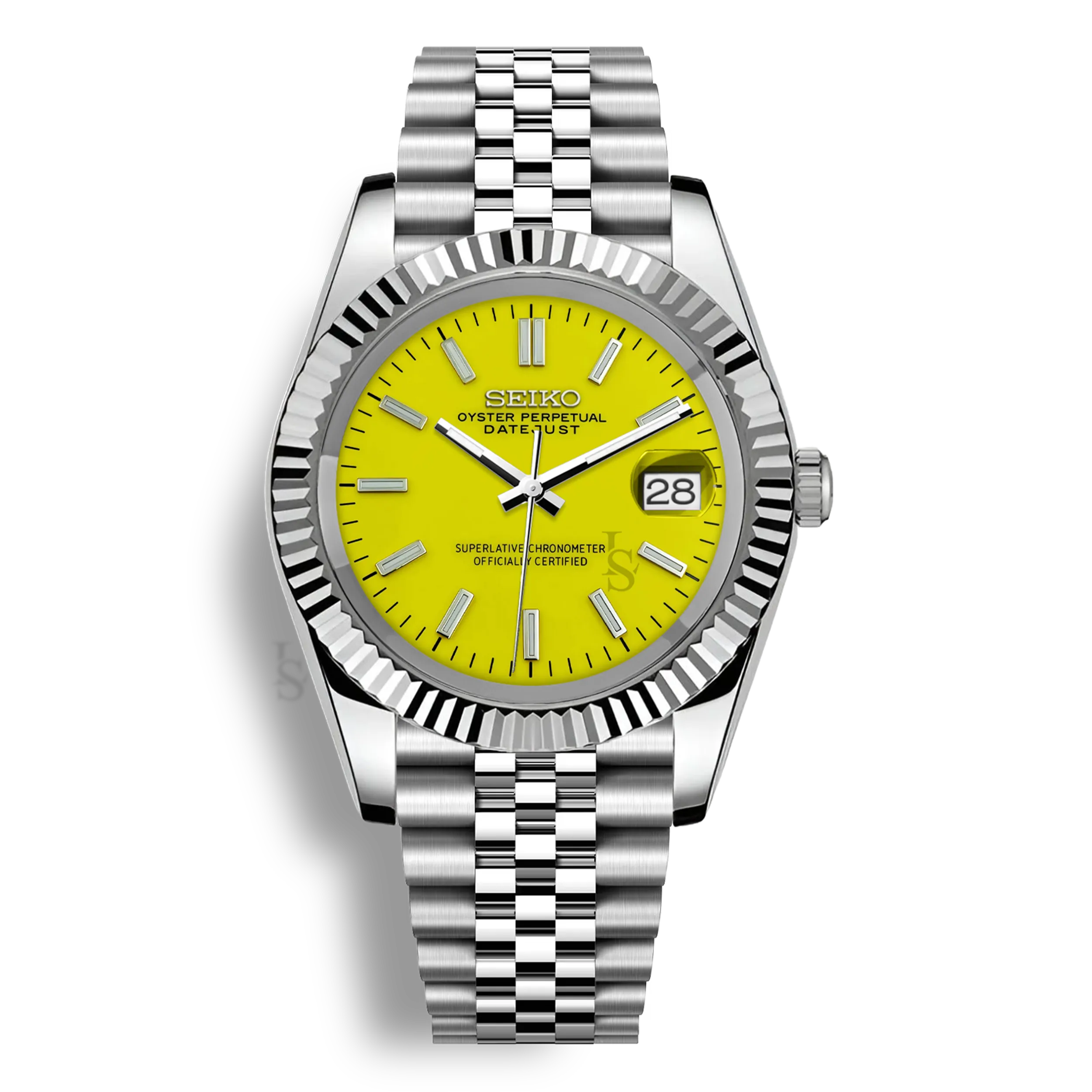 Montre Seiko Mod Datejust jaune en acier inoxydable 316L avec mouvement automatique Seiko NH35, verre saphir et cadran luminescent