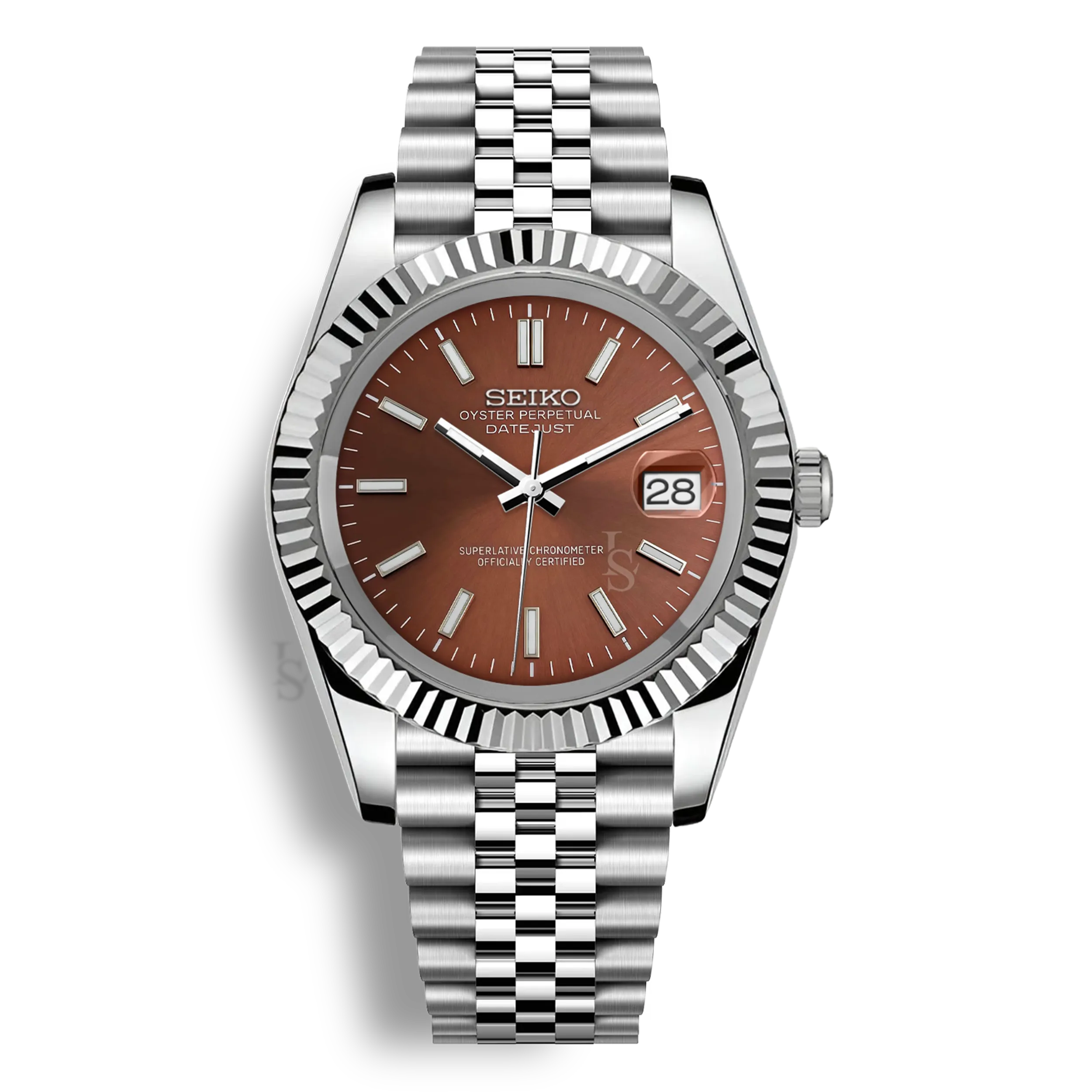 Montre Seiko Mod Datejust marron en acier inoxydable 316L avec mouvement automatique Seiko NH35, verre saphir et cadran luminescent