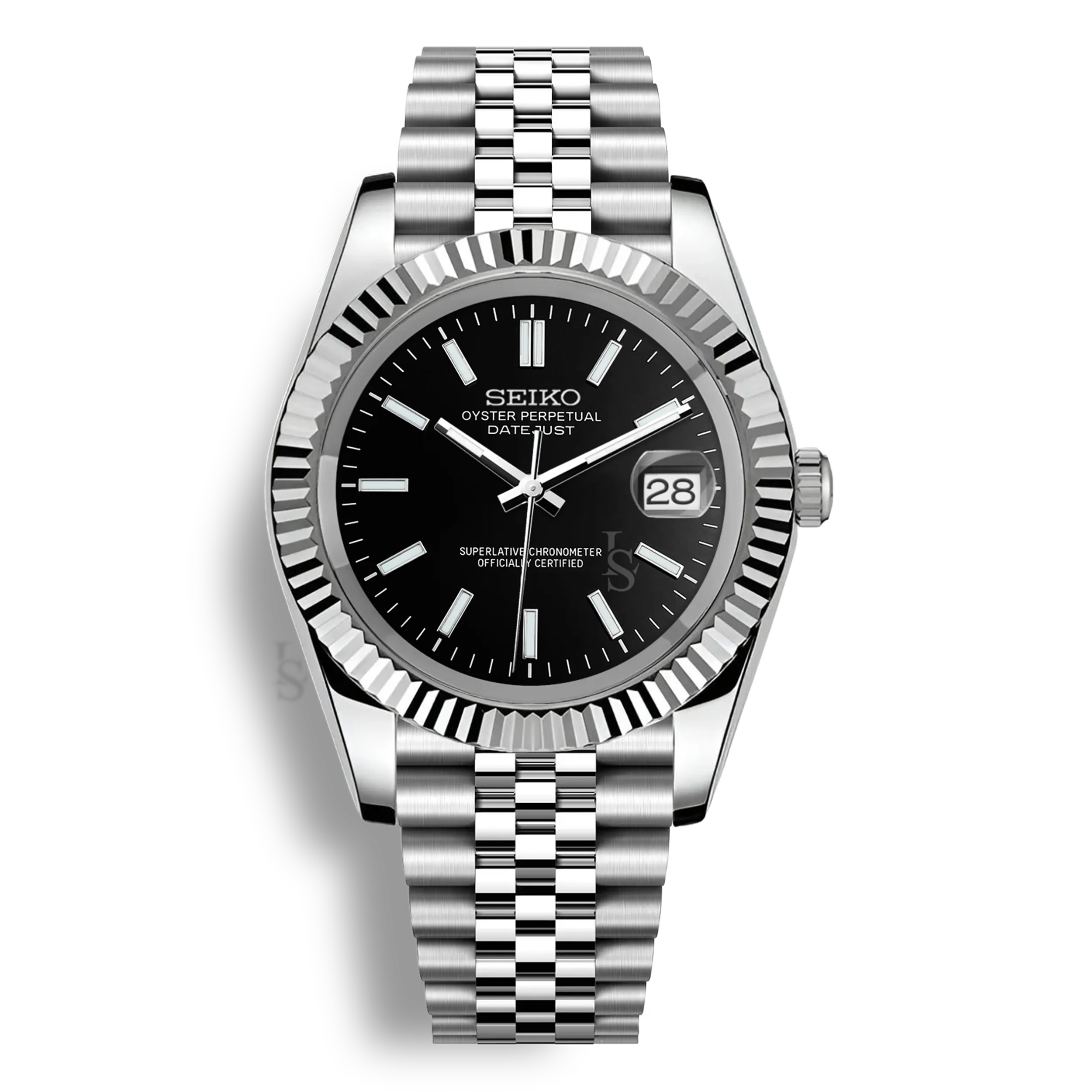 Montre Seiko Mod Datejust noir en acier inoxydable 316L avec mouvement automatique Seiko NH35, verre saphir et cadran luminescent