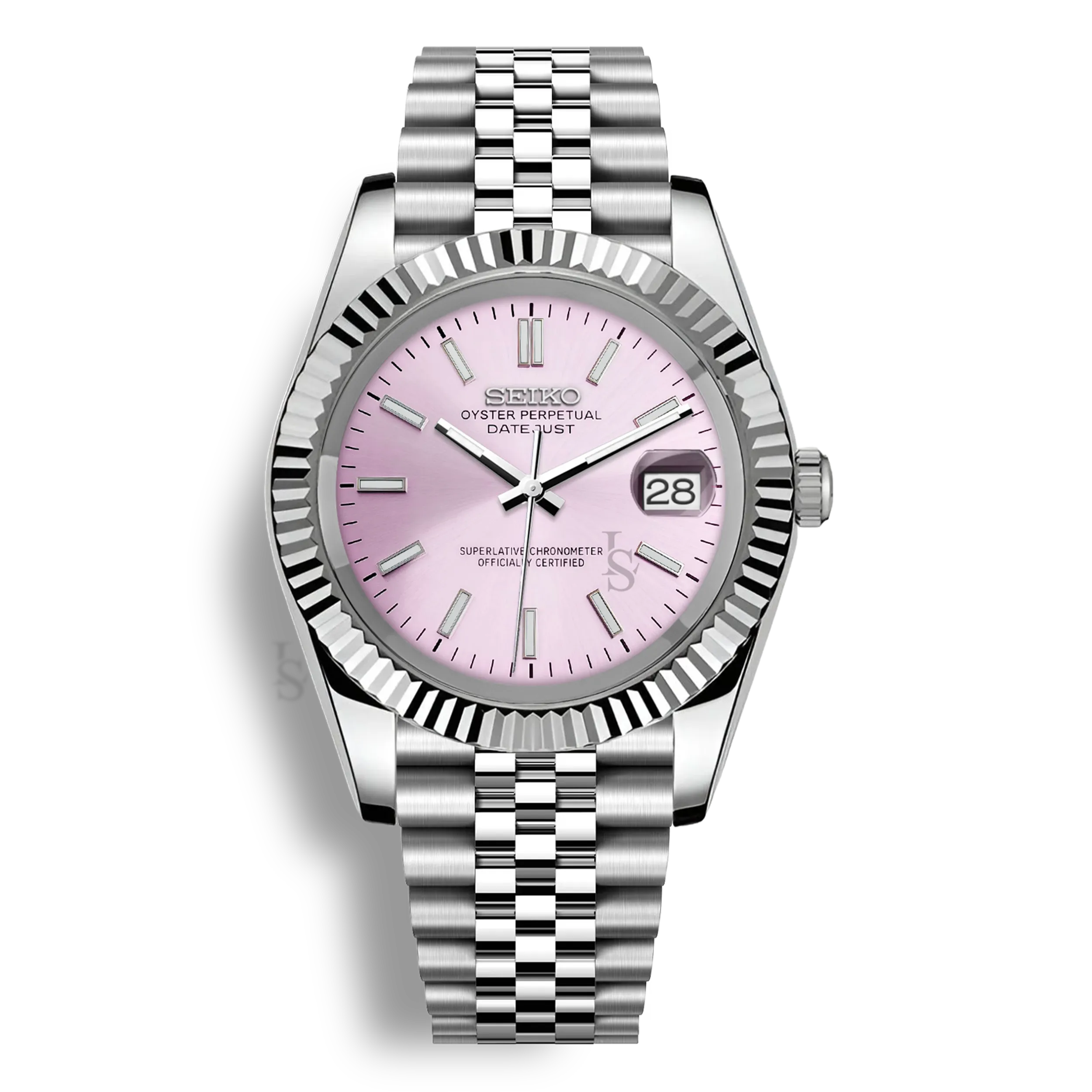 Montre Seiko Mod Datejust rose en acier inoxydable 316L avec mouvement automatique Seiko NH35, verre saphir et cadran luminescent