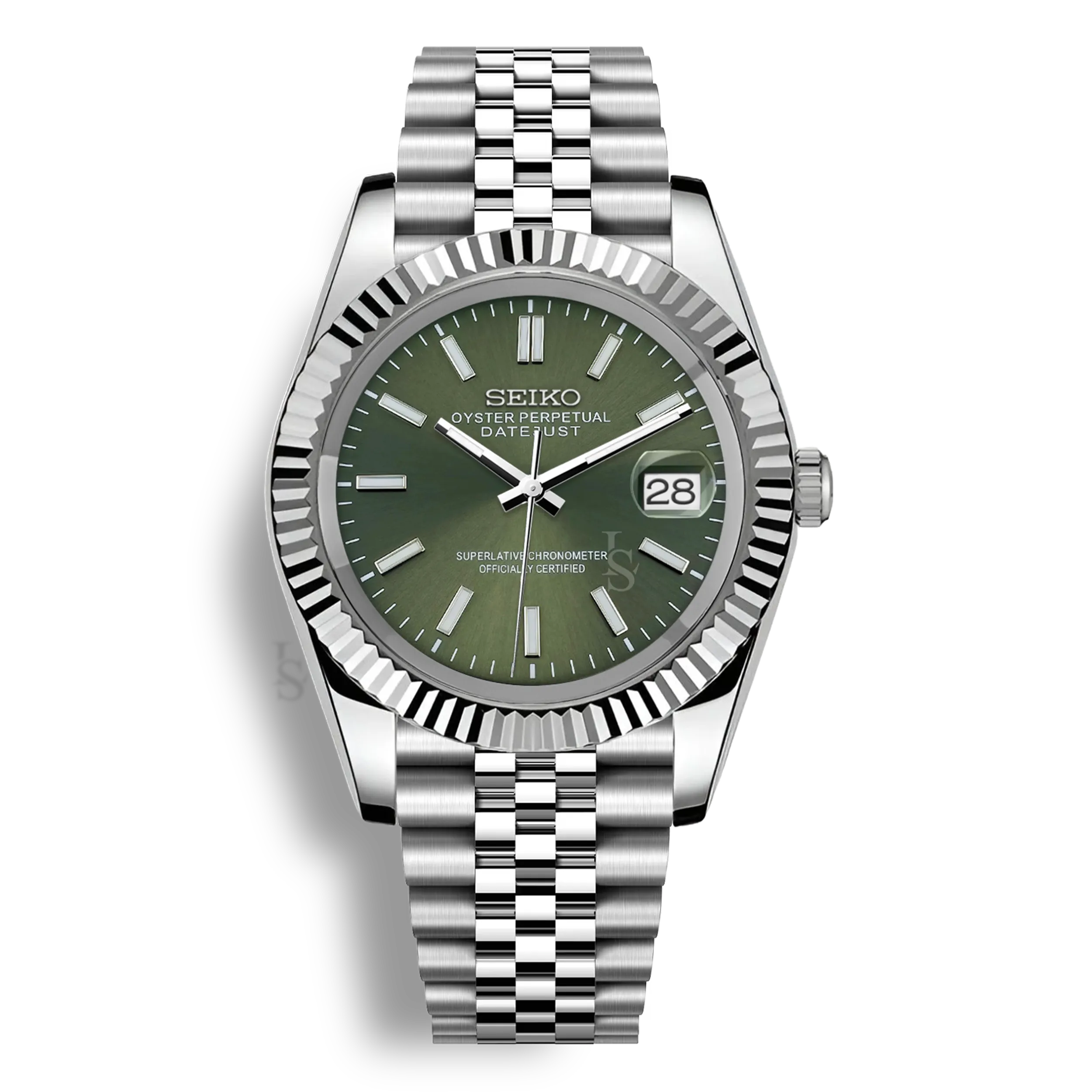Montre Seiko Mod Datejust vert olive en acier inoxydable 316L avec mouvement automatique Seiko NH35, verre saphir et cadran luminescent