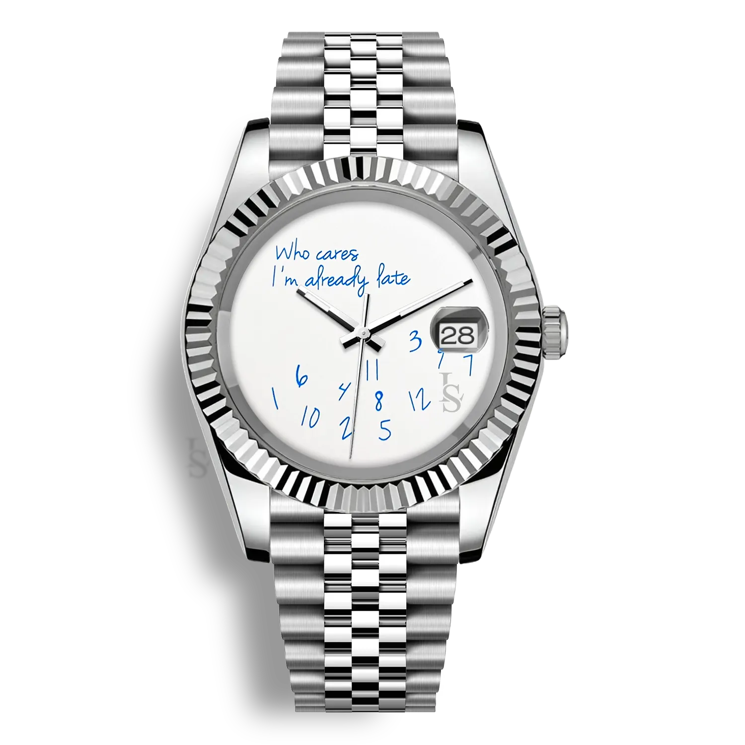 Montre Seiko Mod Datejust Who Cares I’m Already Late avec cadran aux inscriptions bleu clair éclatantes et boîtier en acier inoxydable