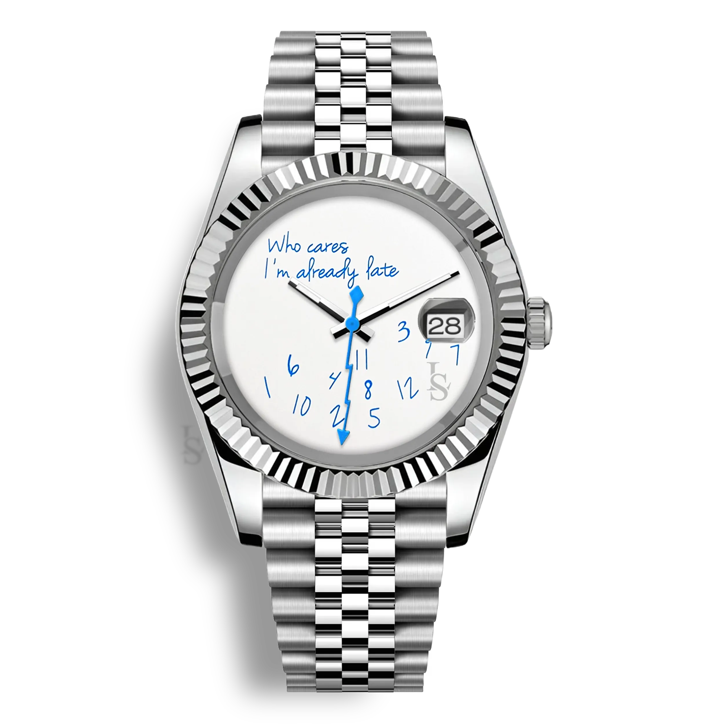 Montre Seiko Mod Datejust Who Cares I’m Already Late avec cadran aux inscriptions bleu clair éclatantes et trotteuse éclair bleu claire,  boîtier en acier inoxydable, Seiko NH35