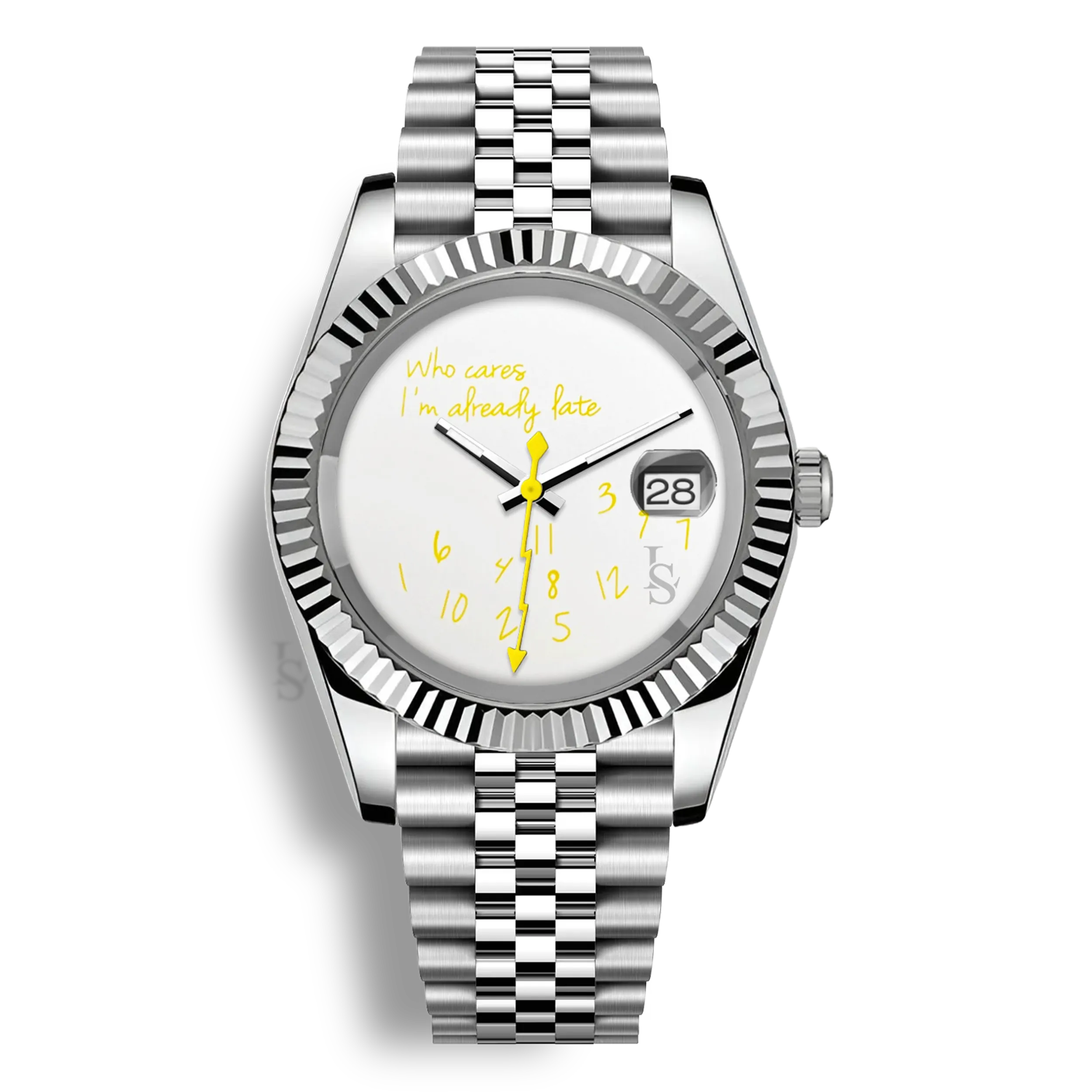 Montre Seiko Mod Datejust Who Cares I’m Already Late avec cadran aux inscriptions jaunes et trotteuse éclair jaune