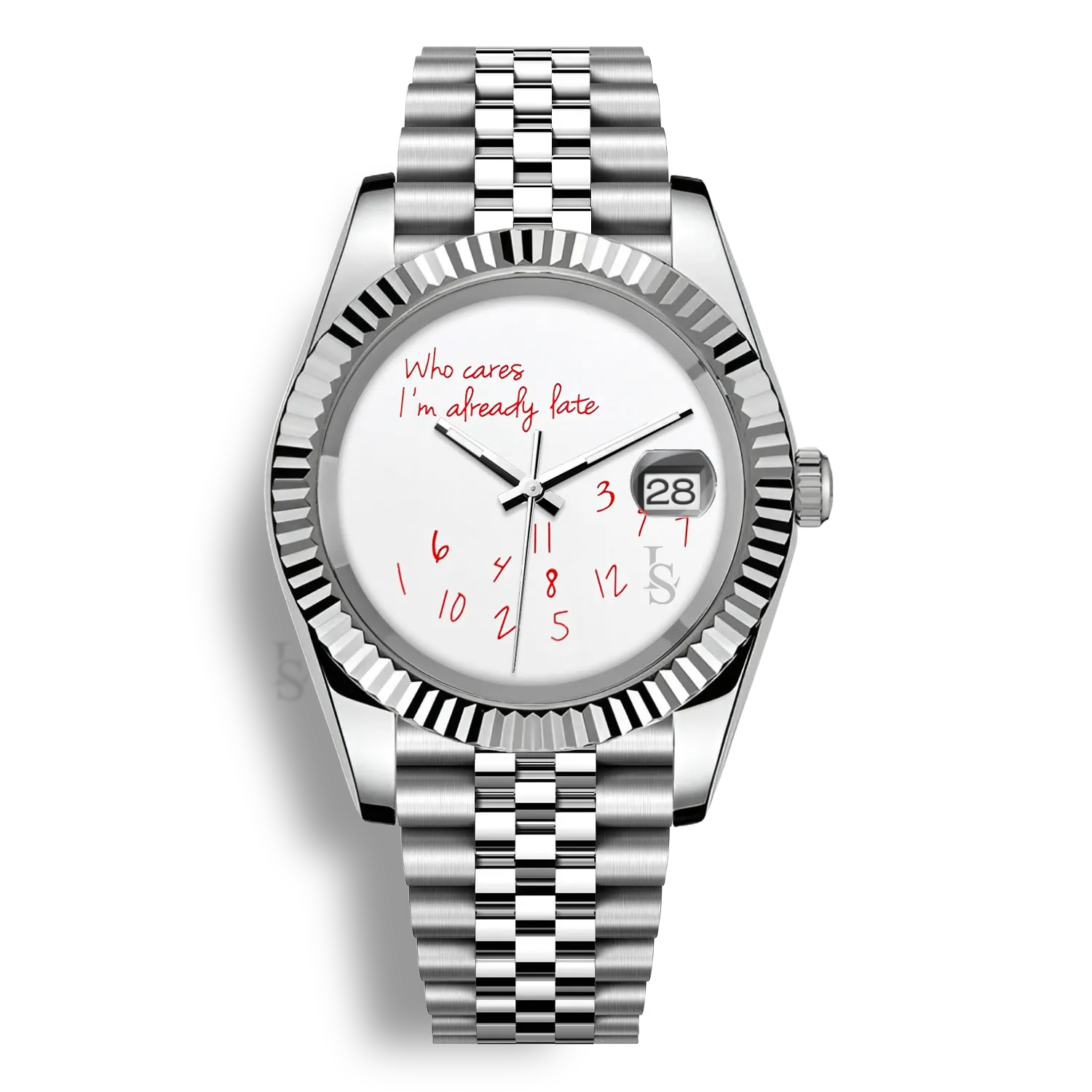 Montre Seiko Mod Datejust Who Cares I’m Already Late avec cadran aux inscriptions rouges et boîtier en acier inoxydable
