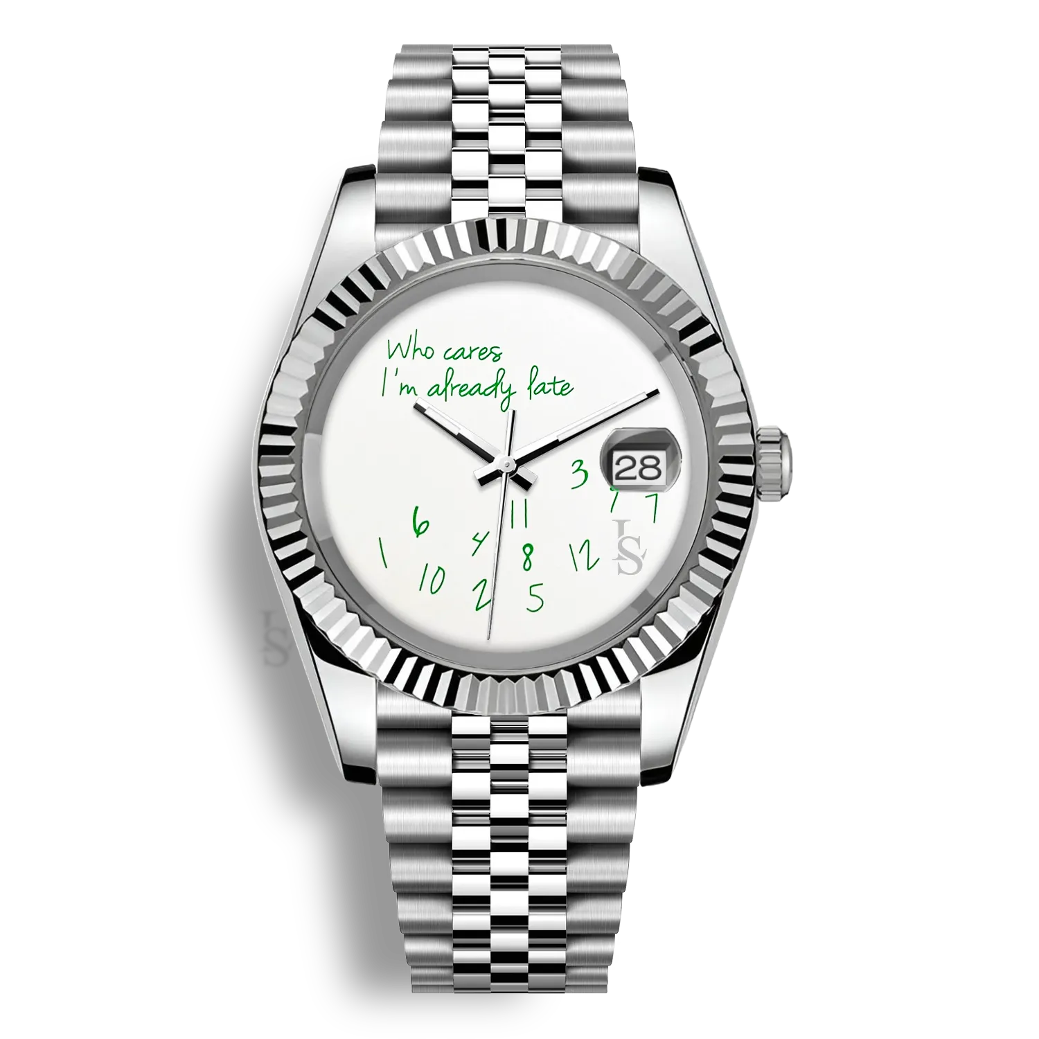 Montre Seiko Mod Datejust Who Cares I’m Already Late avec cadran aux inscriptions vertes et boîtier en acier inoxydable