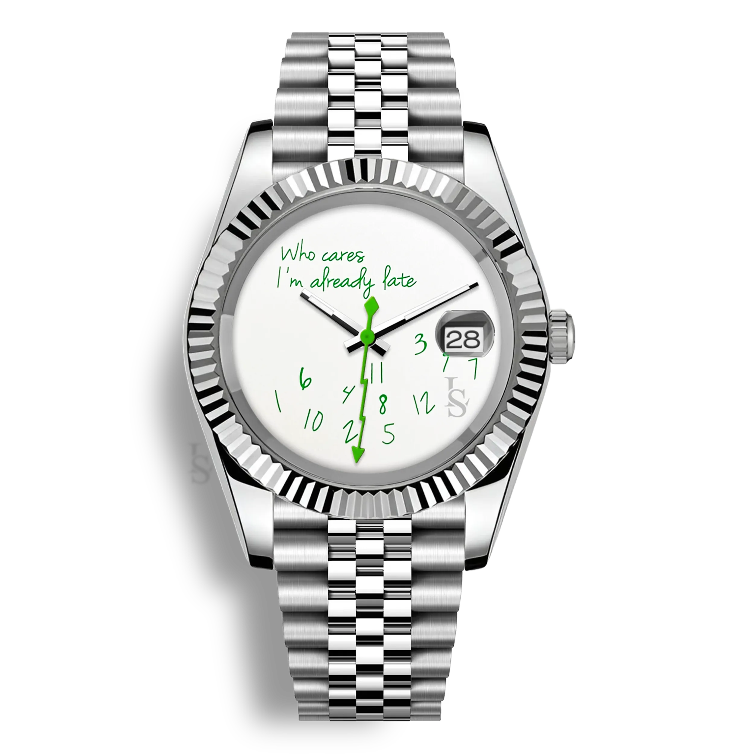Montre Seiko Mod Datejust Who Cares I’m Already Late avec cadran aux inscriptions vertes et trotteuse éclair verte, mouvement automatique