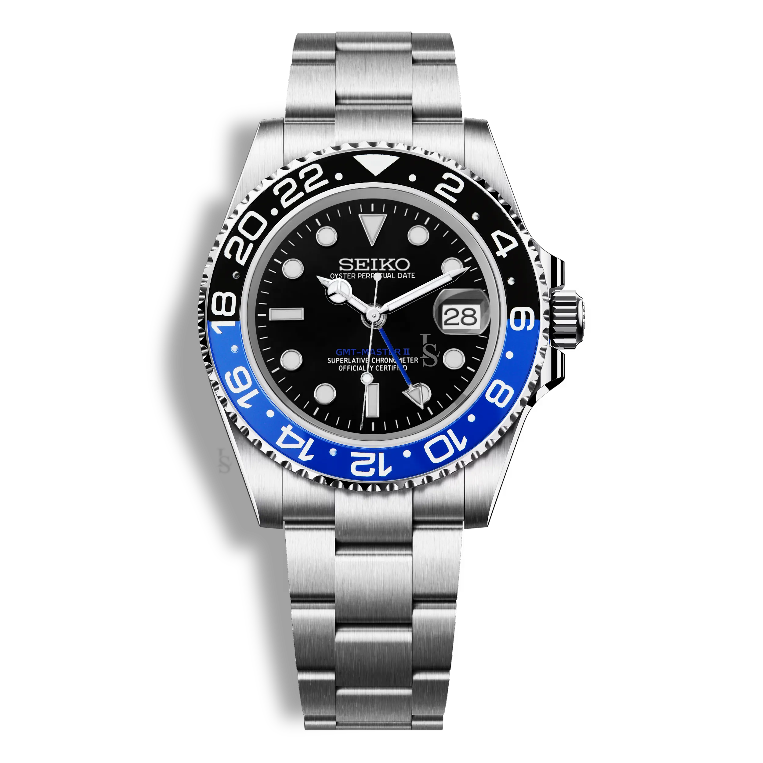 Montre Seiko Mod GMT Master II Batman, mouvement automatique NH34, lunette bicolore noire et bleue et verre saphir inrayable