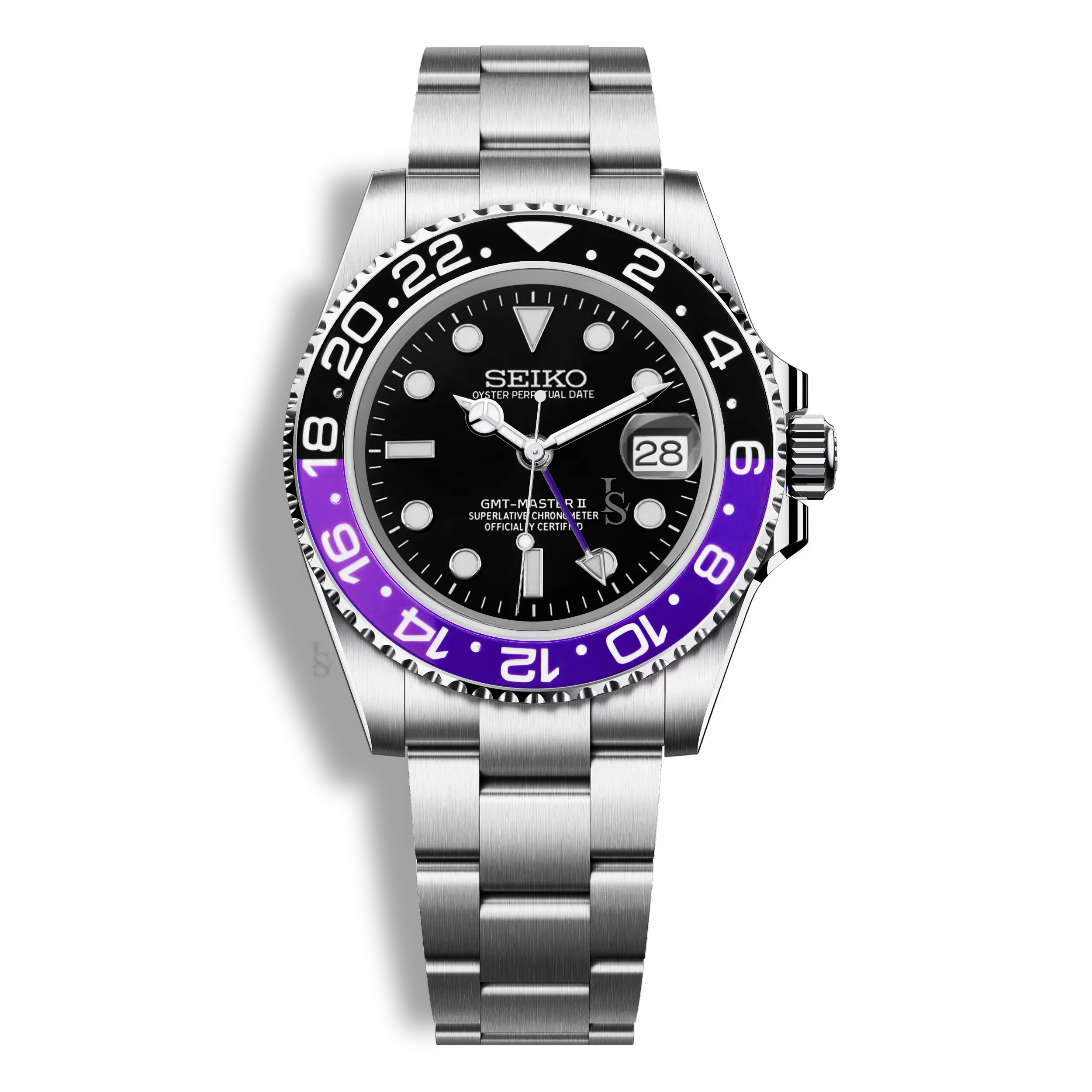 Montre Seiko Mod GMT Master II Joker avec mouvement NH34, lunette violette et noire et verre saphir