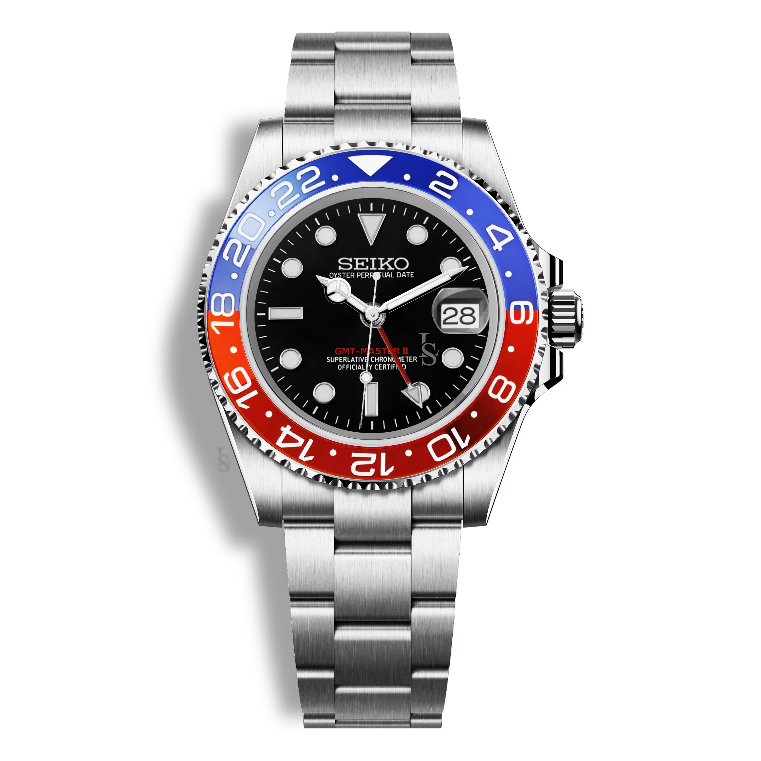 Montre Seiko Mod GMT Master II Pepsi, équipée du mouvement NH34, lunette rouge et bleue et bracelet Oyster en acier brossé