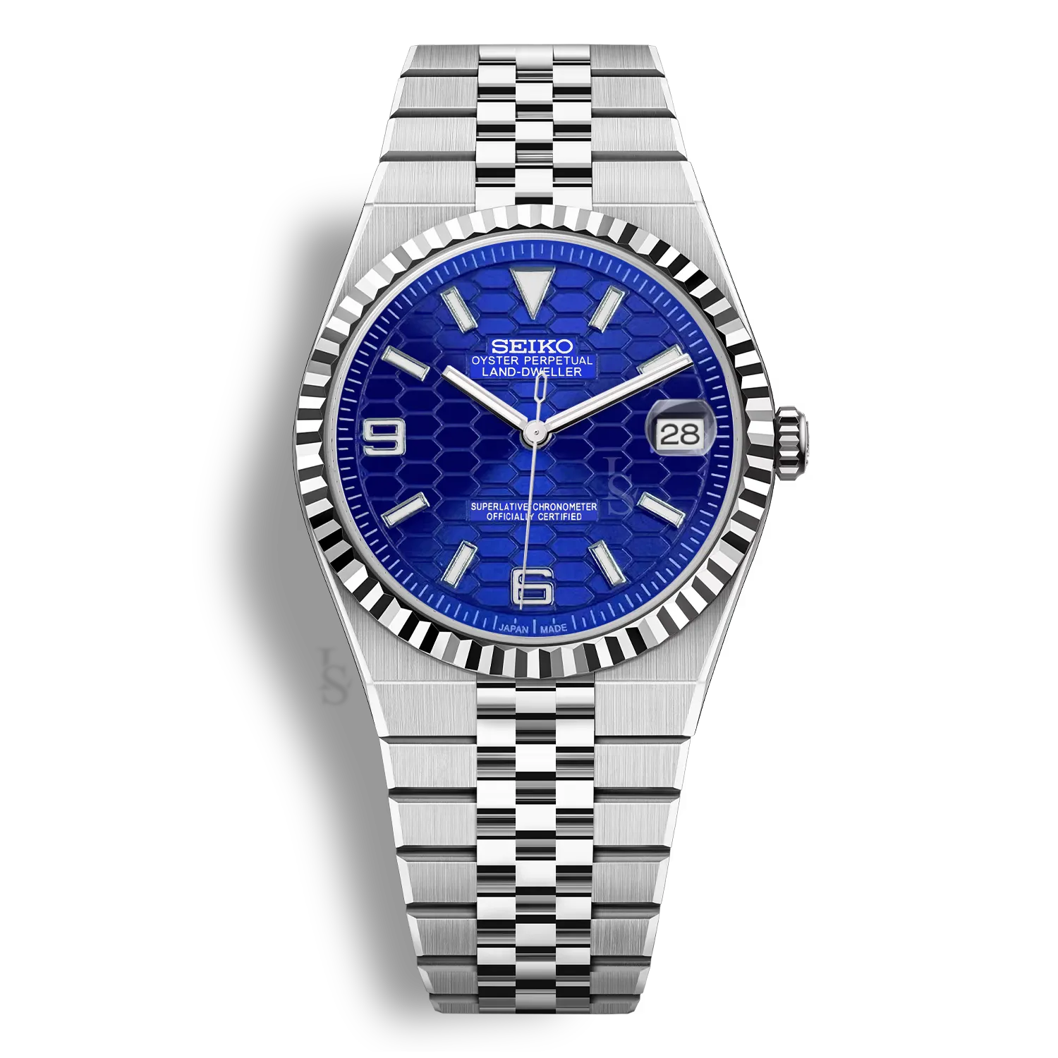 Montre Seiko Mod Land Dweller cadran bleu profond, dotée du mouvement automatique Seiko NH35 et d’un bracelet jubilee poli-brossé en acier