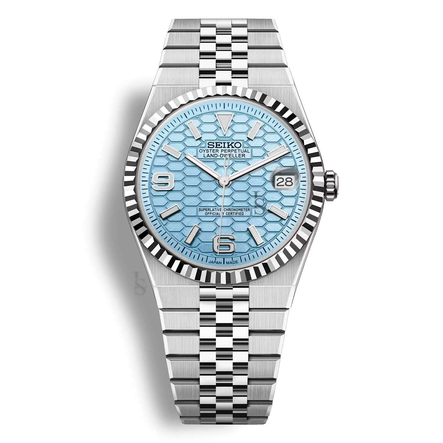 Montre Seiko Mod Land Dweller cadran bleu clair, design inspiré Rolex et boîtier au fond transparent laissant voir le mouvement automatique Seiko NH35A