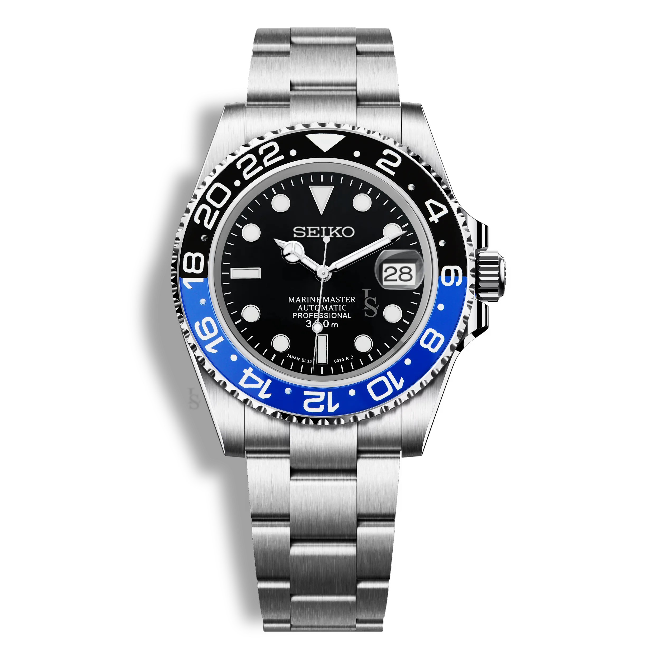 Montre Seiko Mod Marine Master GMT Batman avec lunette bleue et noire, boîtier acier inoxydable 316L, verre saphir et mouvement automatique Seiko NH35