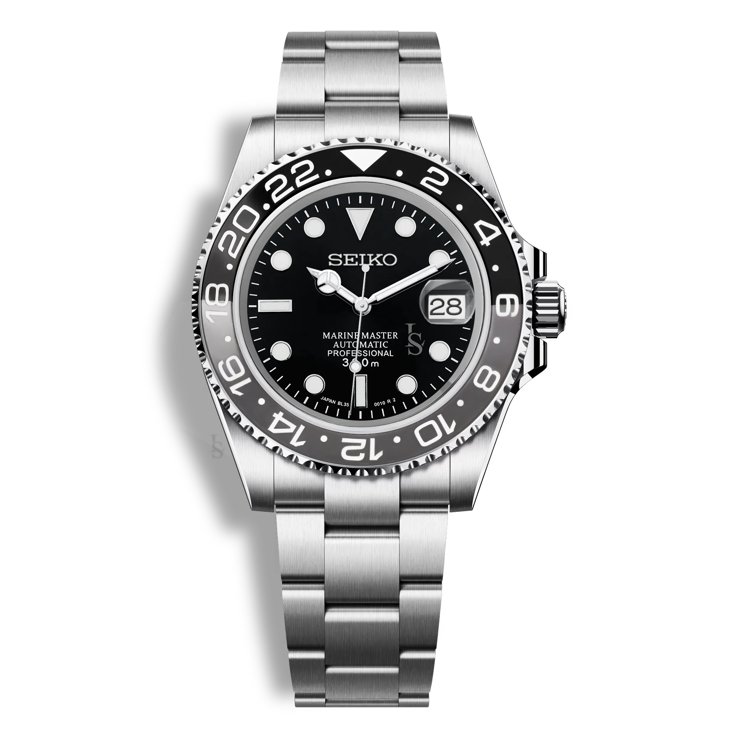 Montre Seiko Mod Marine Master GMT Bruce Wayne avec lunette grise et noire, boîtier 42mm en acier inoxydable 316L et fond de boîtier transparent