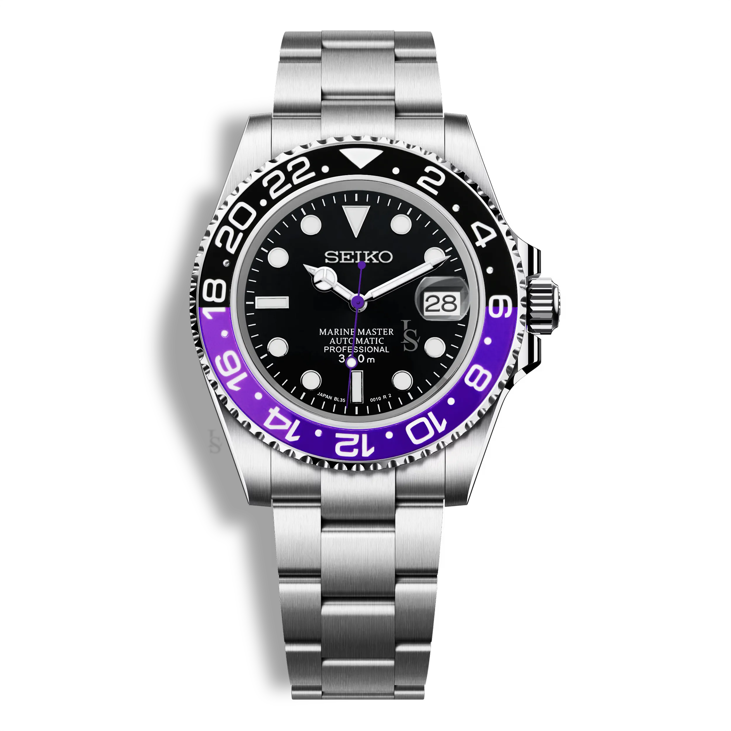 Montre Seiko Mod Marine Master GMT Joker avec lunette violette et noire, boîtier acier inoxydable 316L et verre saphir inrayable