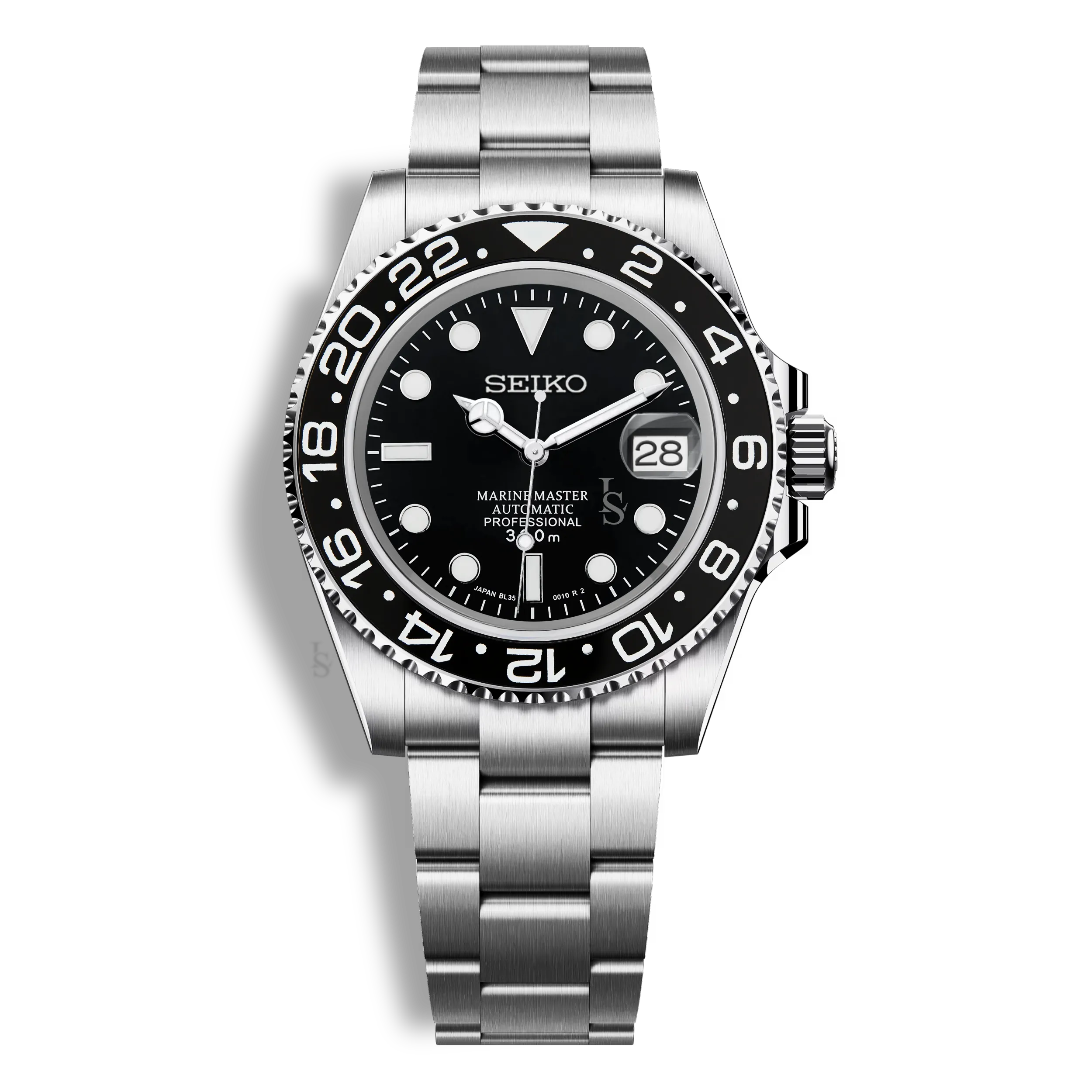 Montre Seiko Mod Marine Master GMT noire équipée du mouvement automatique Seiko NH35, fond transparent et lunette GMT noire