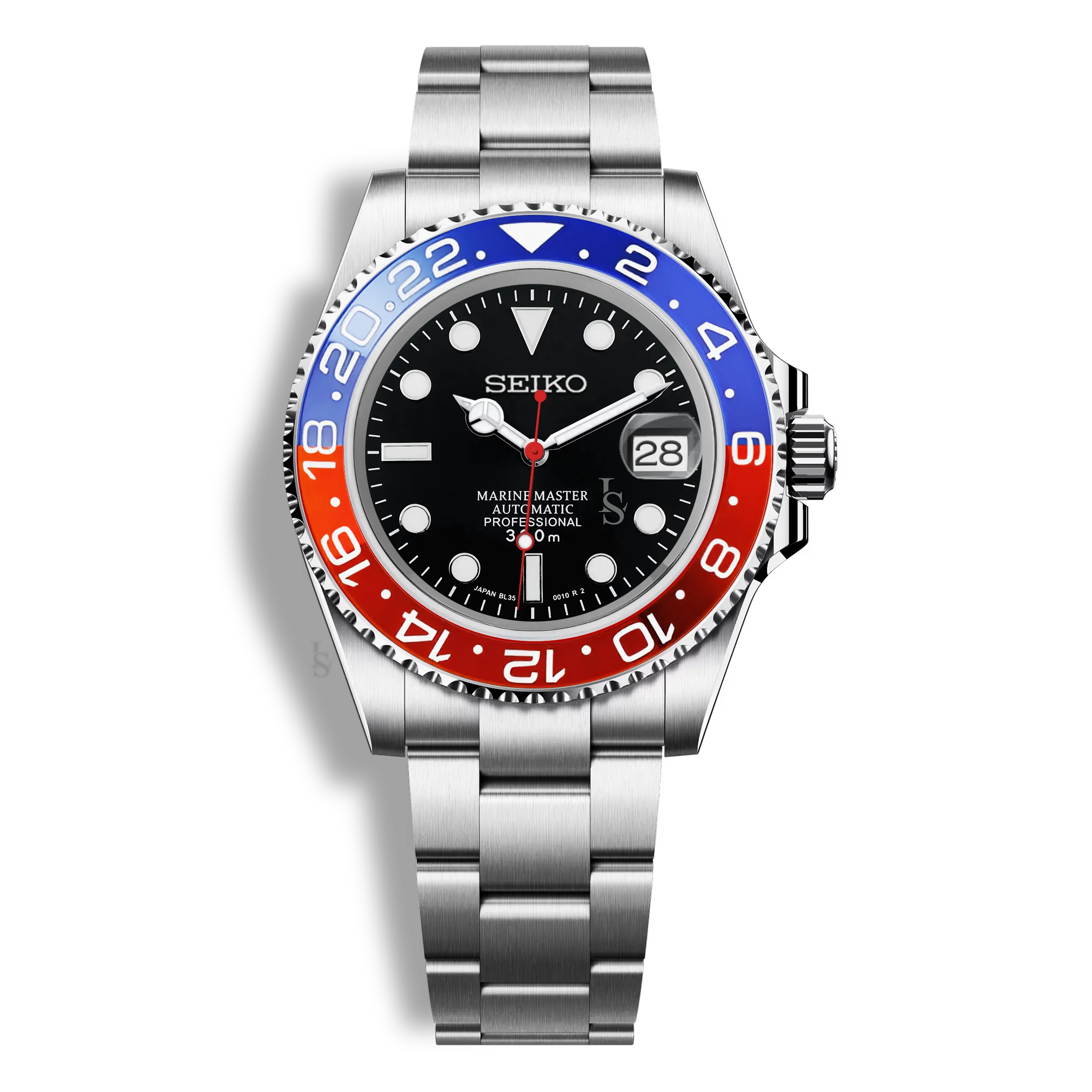 Montre Seiko Mod Marine Master GMT Pepsi avec lunette bleue et rouge, bracelet en acier inoxydable 316L et verre saphir inrayable
