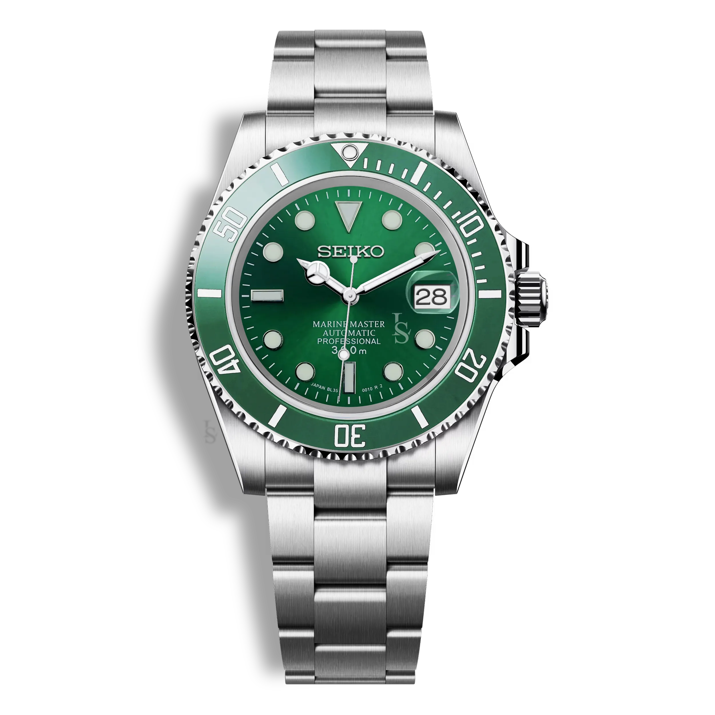 Montre Seiko Mod Marine Master verte, boîtier acier inoxydable 316L, cadran lumineux et mouvement automatique Seiko NH35