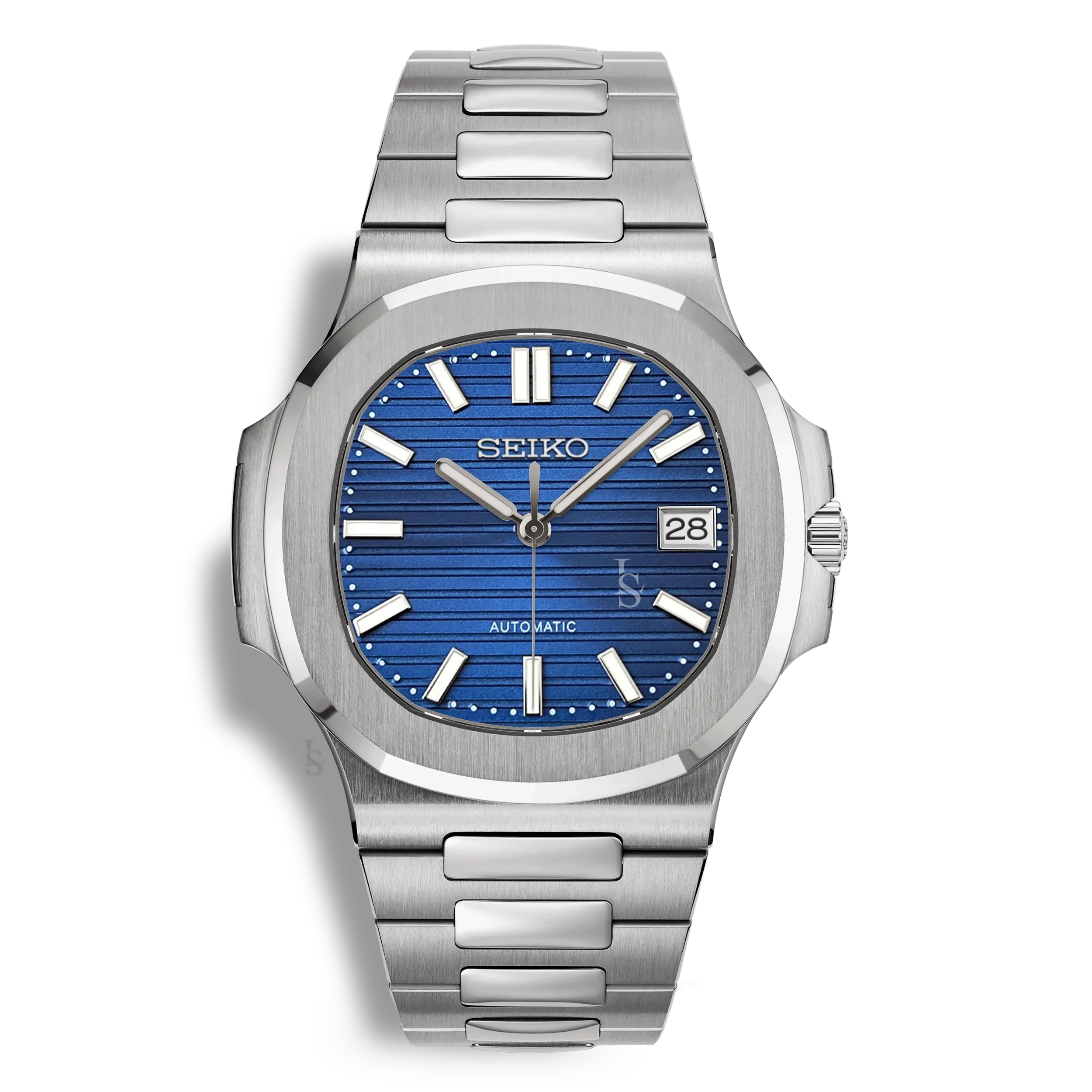 Montre Seiko Mod Nautilus bleue équipée du mouvement automatique Seiko NH35 et d’un bracelet intégré en acier