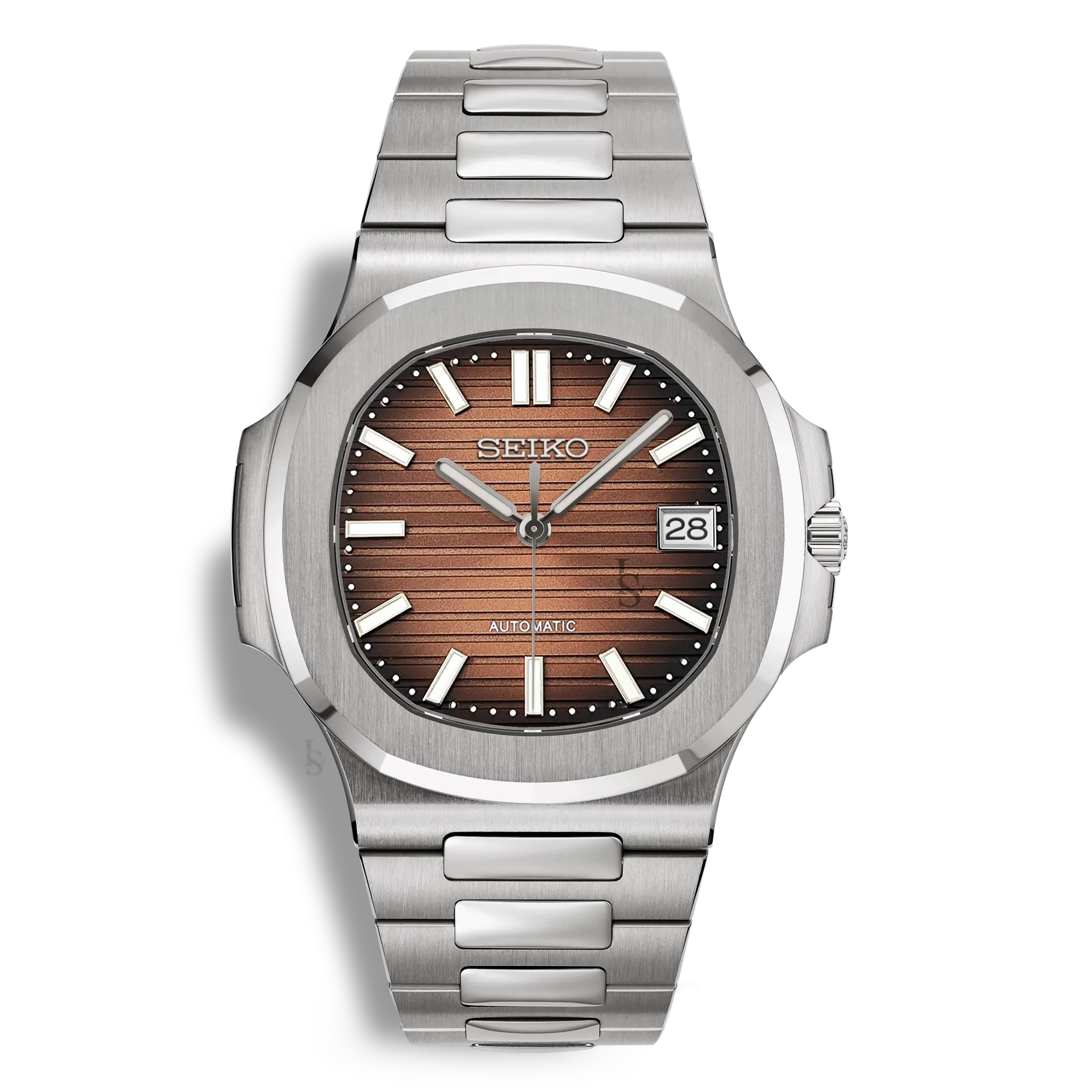 Montre Seiko Mod Nautilus marron, mouvement automatique Seiko NH35 et fond de boîtier transparent