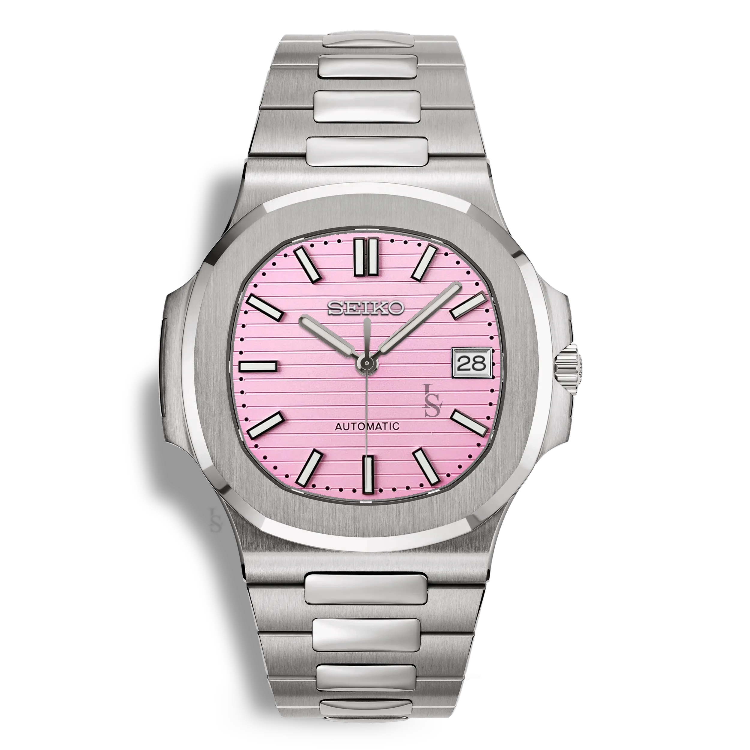 Montre Seiko Mod Nautilus rose avec bracelet intégré en acier inoxydable 316L et fond transparent