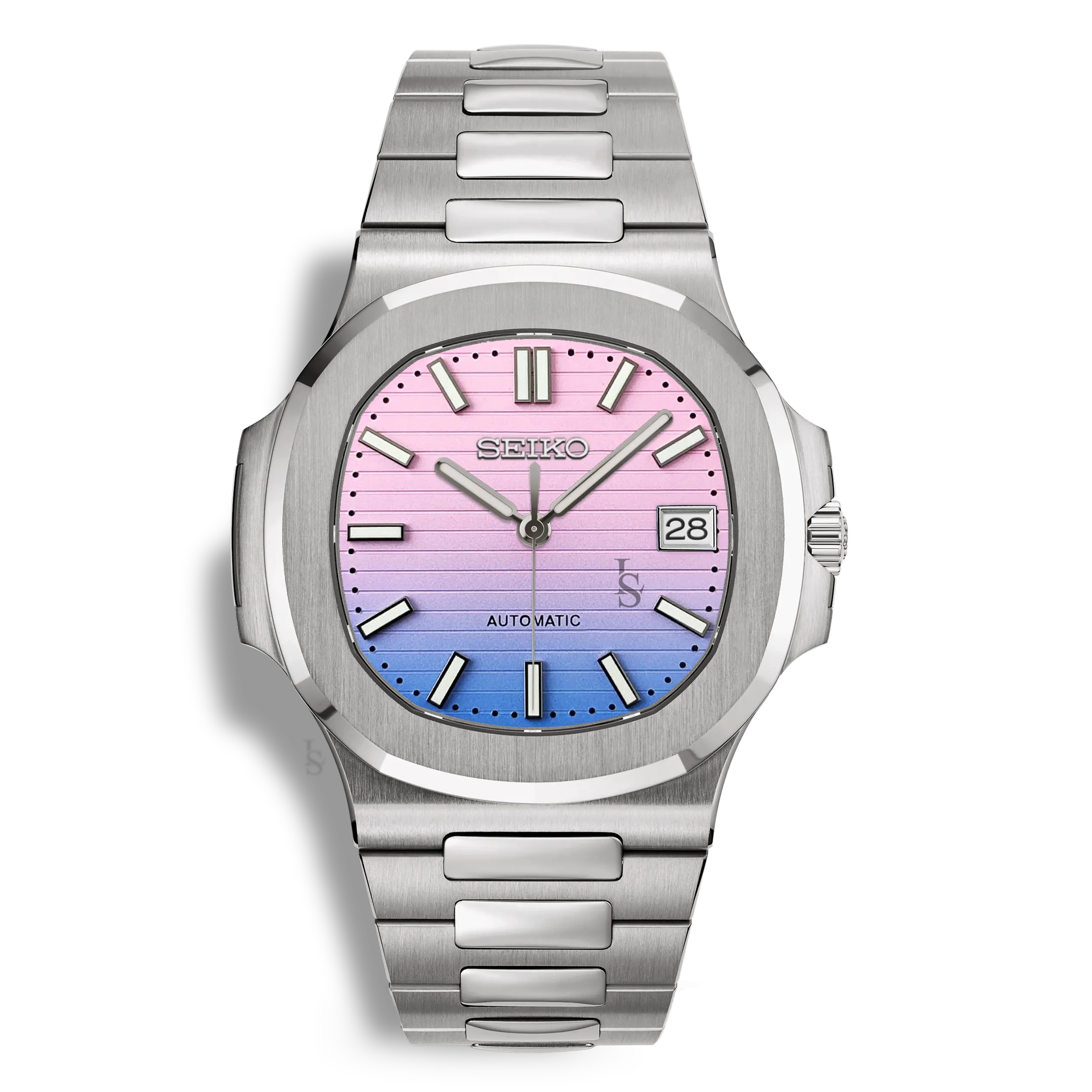 Montre Seiko Mod Nautilus cadran rose et violet, équipée d’un mouvement automatique Seiko NH35 et d’un cadran luminescent