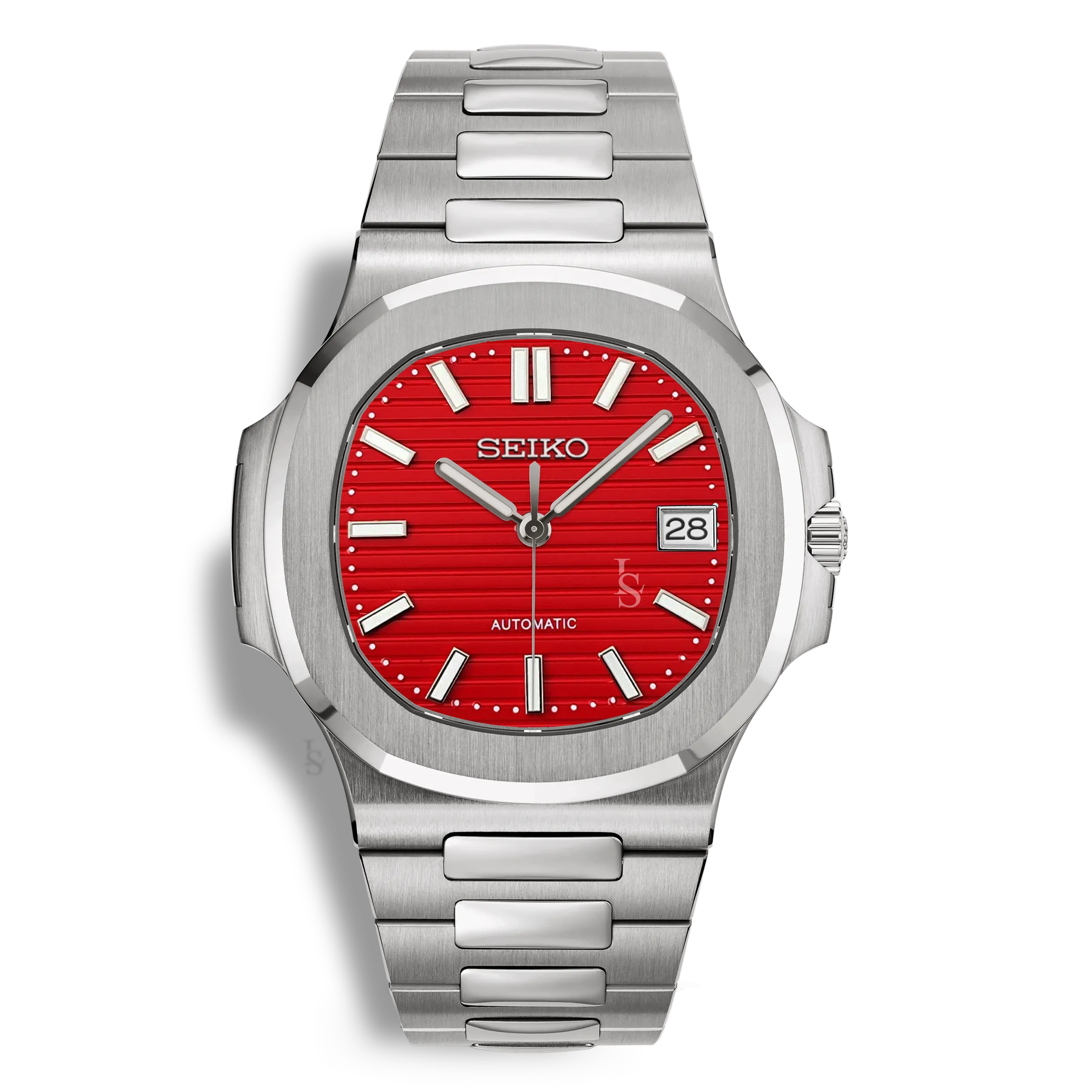 Montre Seiko Mod Nautilus rouge en acier inoxydable 316L avec cadran et aiguilles luminescents