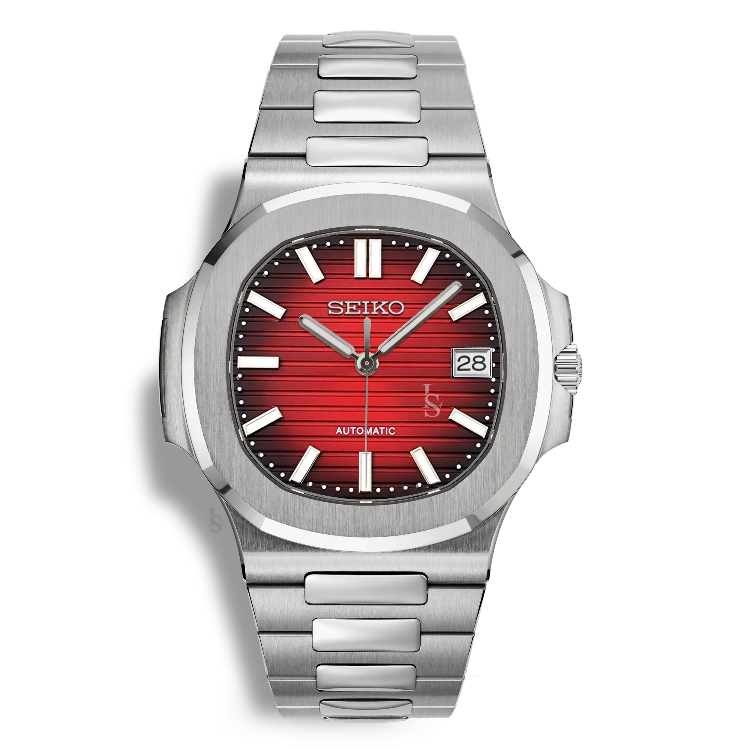 Montre Seiko Mod Nautilus cadran rouge et noir, boîtier 41mm, verre saphir et mouvement automatique Seiko NH35