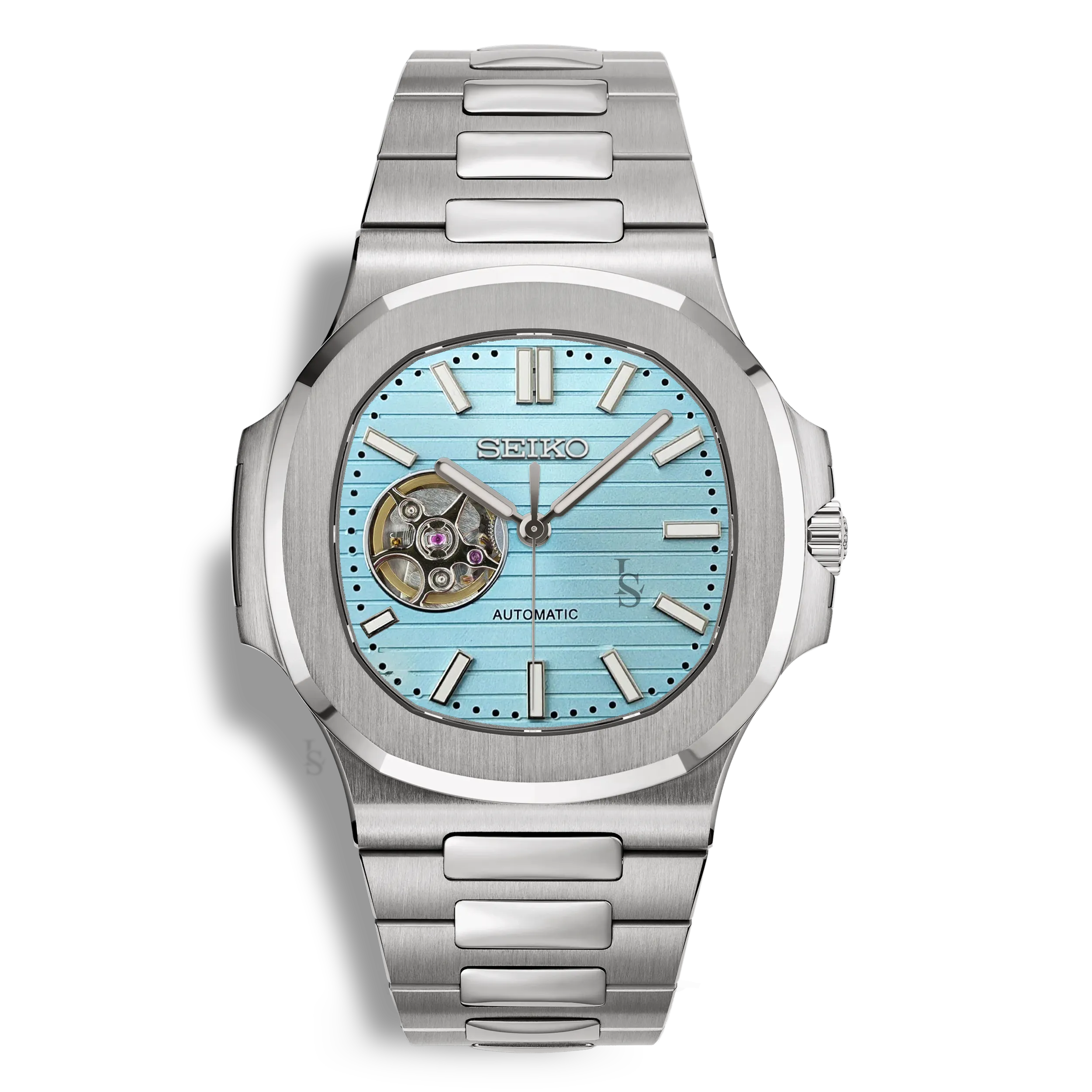 Montre SeikoMod Nautilus Skeleton cadran bleu clair, mouvement NH38 visible, boîtier et bracelet acier