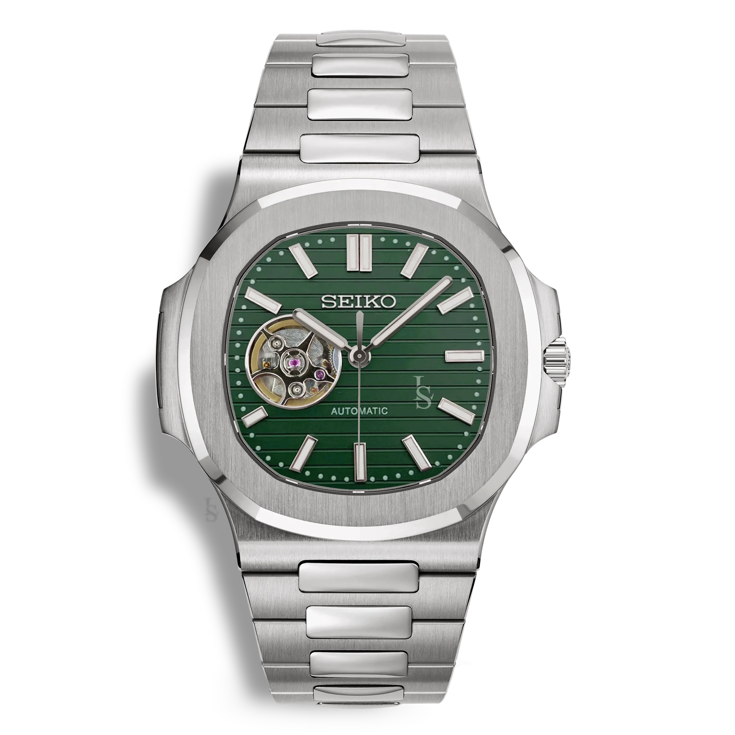 Montre SeikoMod Nautilus Skeleton cadran vert kaki, squelette avec mouvement NH38, bracelet en acier inoxydable 316L