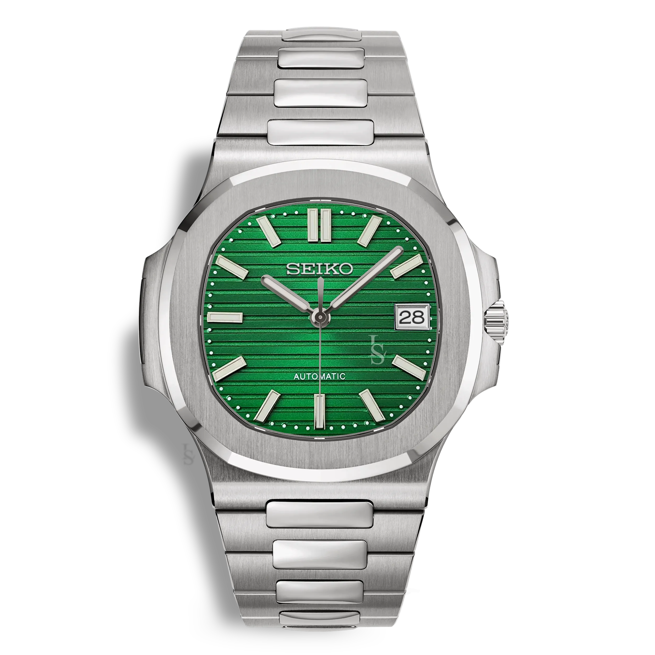Montre Seiko Mod Nautilus verte équipée du mouvement automatique Seiko NH35 et d’un fond de boîtier transparent