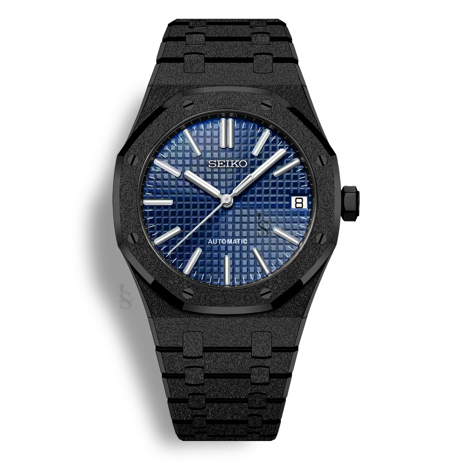 Montre SeikoMod Royal Oak Frosted Metal Noir cadran bleu avec finition givrée et mouvement Seiko NH35 fiable