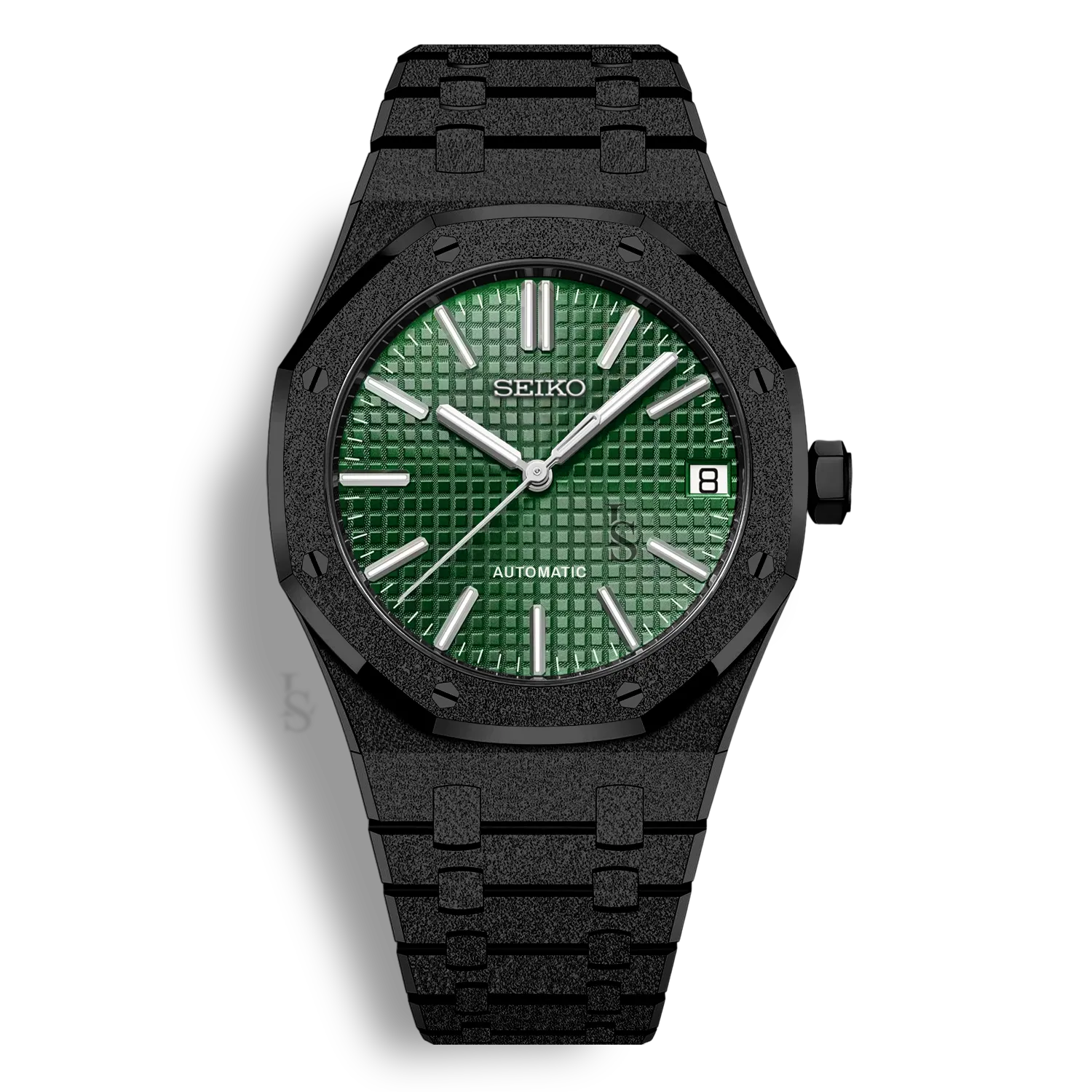 Montre SeikoMod Royal Oak Frosted Metal Noir cadran vert avec boîtier en acier 316L frosted metal et cadran tapisserie
