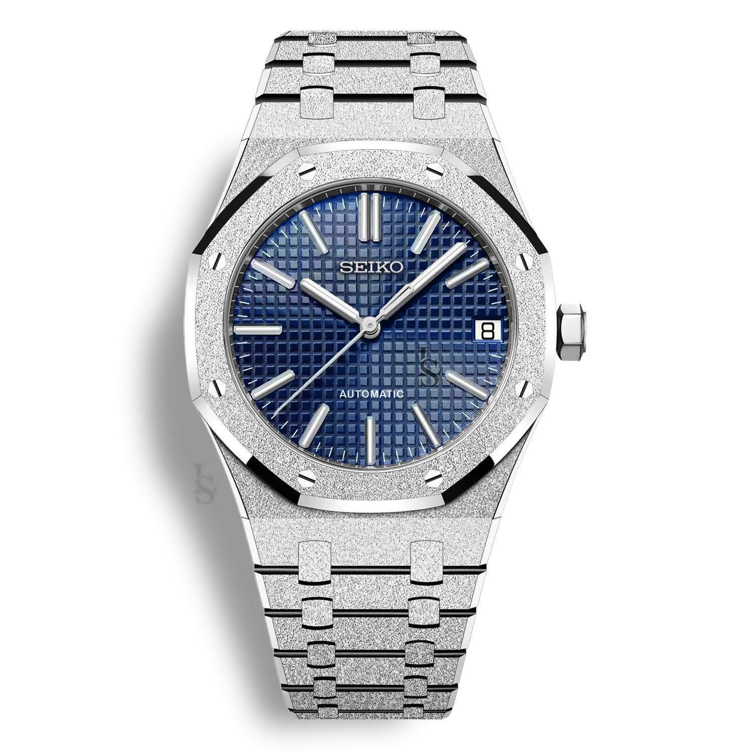 Montre SeikoMod Royal Oak Frosted Metal cadran bleu avec boîtier et bracelet intégré en acier inoxydable