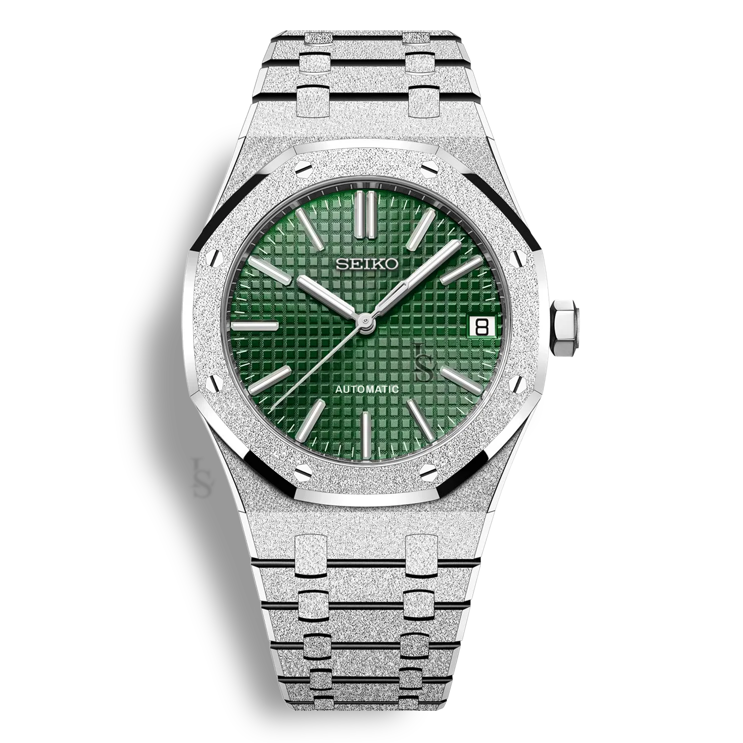 Montre SeikoMod Royal Oak Frosted Metal cadran vert avec finition givrée et design Royal Oak emblématique