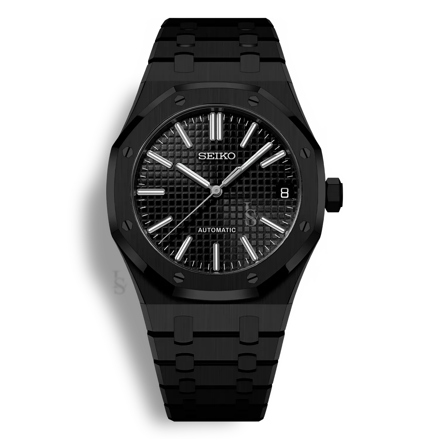 Montre Seiko Mod Royal Oak Noir Complet avec cadran noir équipée du mouvement automatique Seiko NH35 avec un boîtier et bracelet en acier noir inoxydable